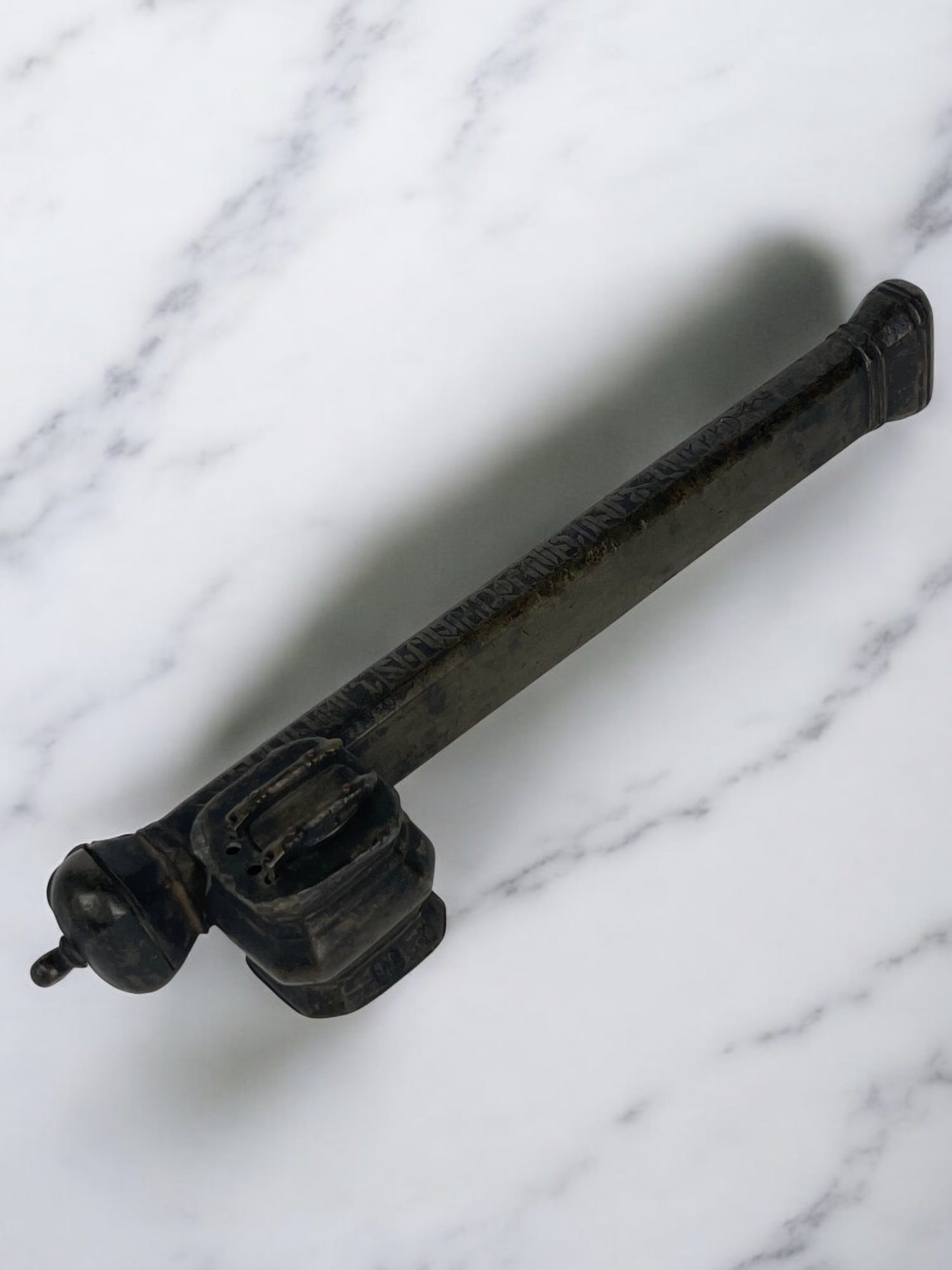 18th Century Middle Eastern Handmade Brass Inkwell & Pen Holder Signed By the Artist. Circa 1880.: 18th Century Middle Eastern Handmade Brass Inkwell & Pen Holder Signed By the Artist. L:10"