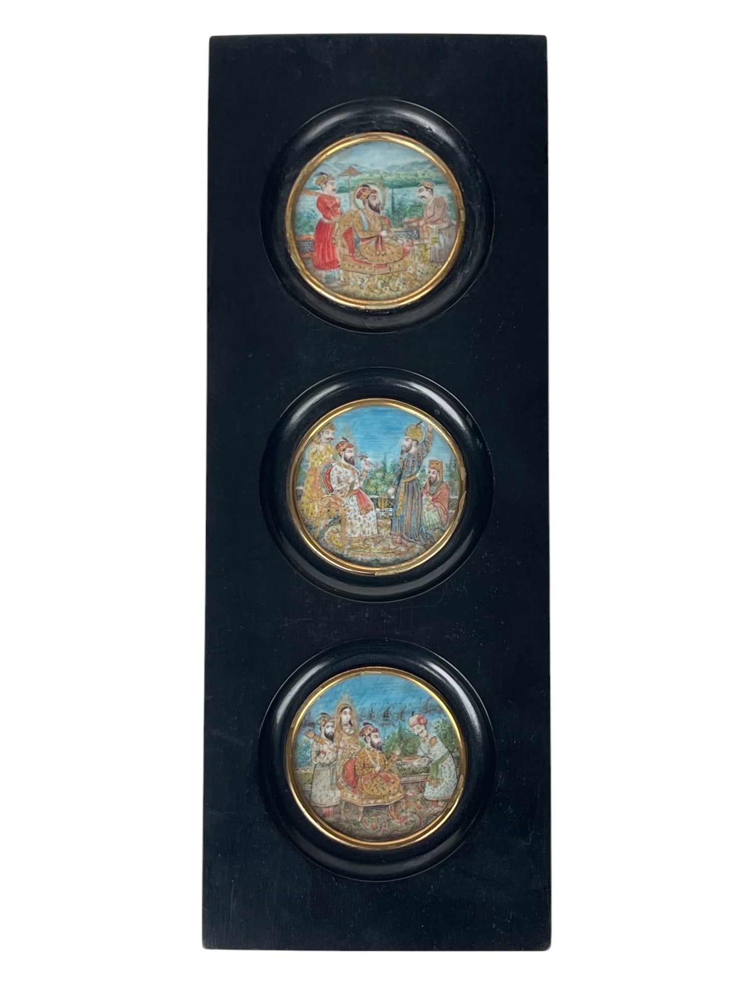 Lot Of Three 19th Century Indian Hand Painted Miniature Paintings Set In An Ebonized Frame (1 of 4)
