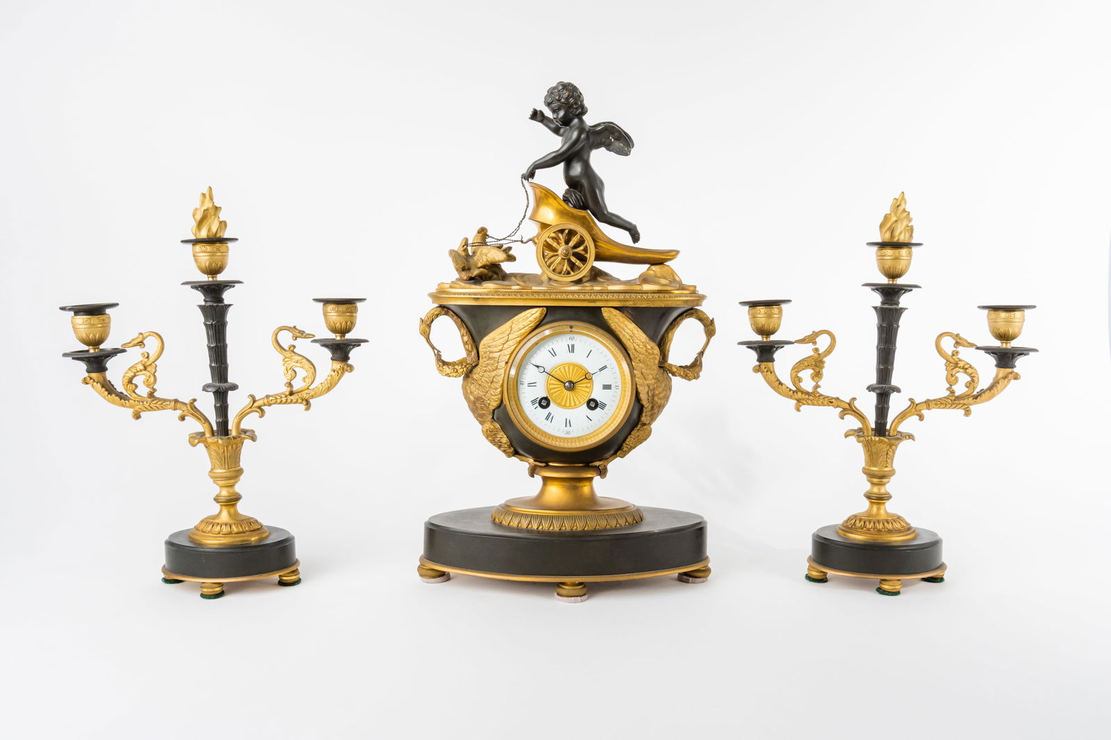 19th Century Patinated & Ormolu Empire Striking Mantel Clock Set Pendule Au Vase (1 of 9)