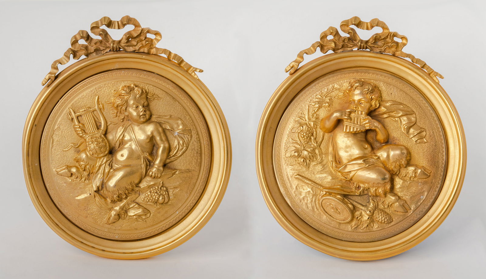 Pair of French Gilt Bronze Round Figural Wall Plaques, France, 19th Century (1 of 10)