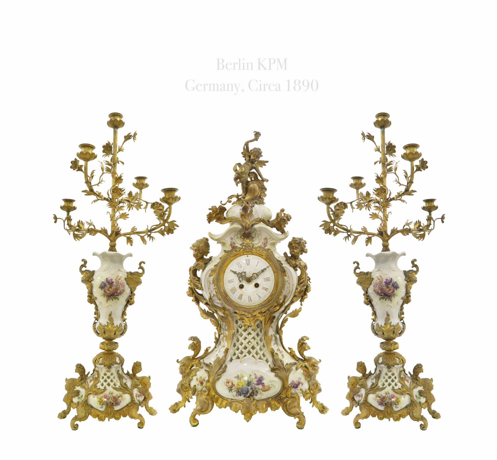 19th C. Ormolu Mounted Berlin KPM Porcelain Clock Set: 19th C. Ormolu (Bronze) Mounted Berlin KPM Porcelain Clock Set. Circa 1890. Clock: H 29.5", Candelabra: H 32.5". About: The Royal Porcelain Factory in Berlin (German: Konigliche Porzellan-Manufaktur B