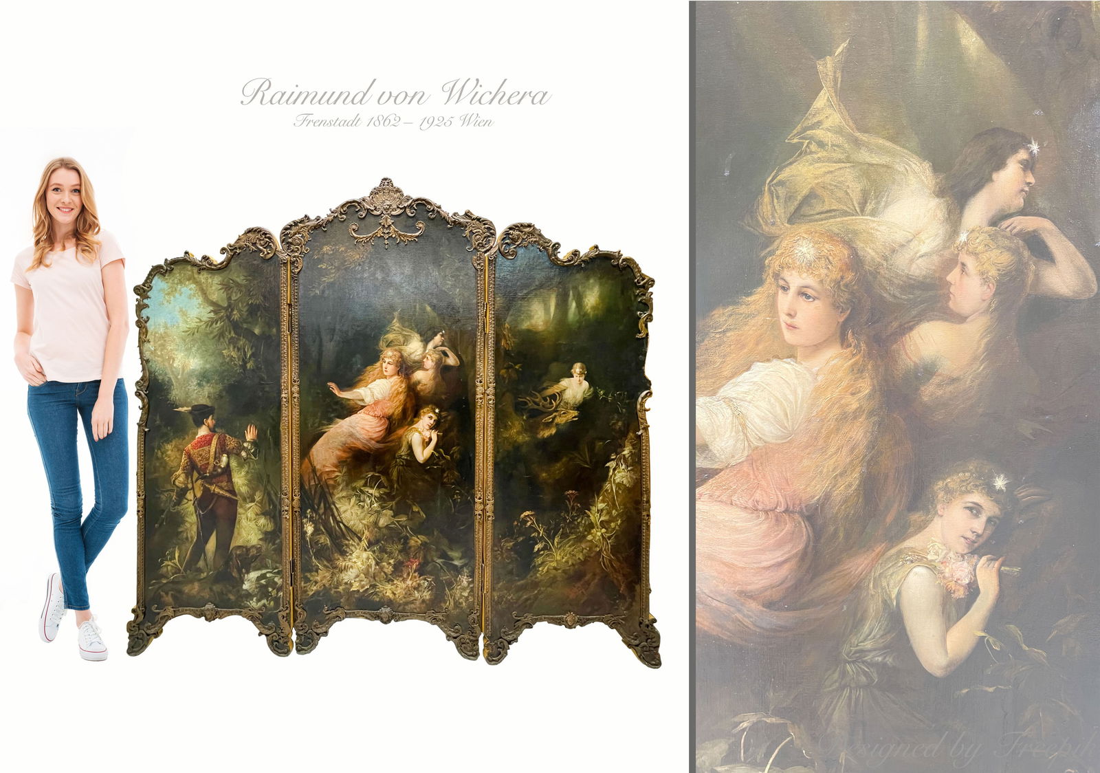 Raimund Ritter von Brennerstein Wichera (Austrian, 1862-1925): Raimund Ritter von Brennerstein Wichera (Austrian, 1862-1925). Magnificent oil on canvas painting three-panel screen. Signed: R.R.V. Whichera, Wien, Circa 1880. H: 60" L: 64"