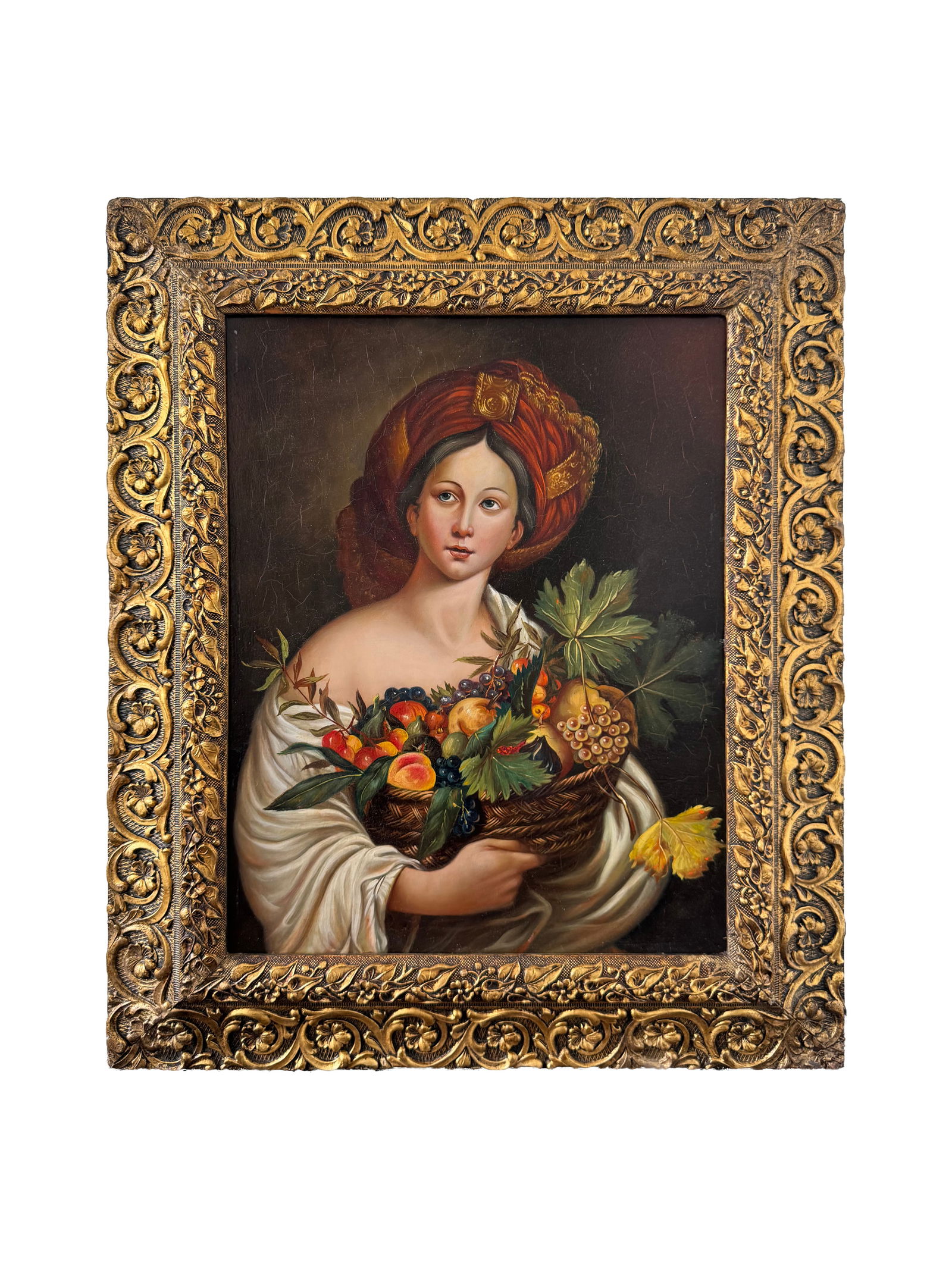 18th Century Oil On Copper Painting Of A Woman Holding A Fruit's Basket.: 18th Century Oil On Copper Painting Of A Woman Holding A Fruit's Basket. 24-1/4"x20-1/2"