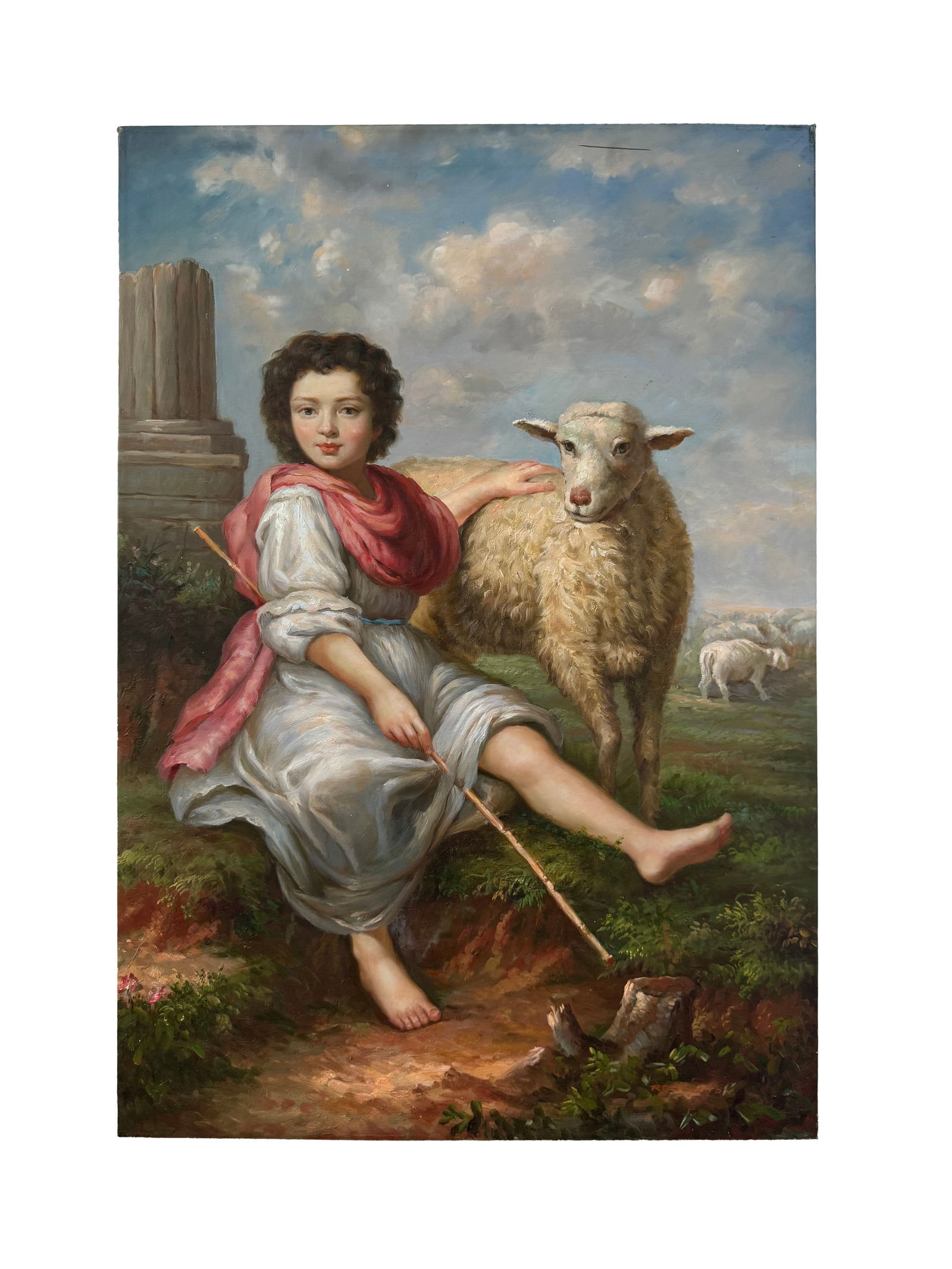20th Century Oil On Canvas Painting Depicting A Shepherd Boy With A Sheep: 20th Century Oil On Canvas Painting Depicting A Shepherd Boy With A Sheep.36"x24"