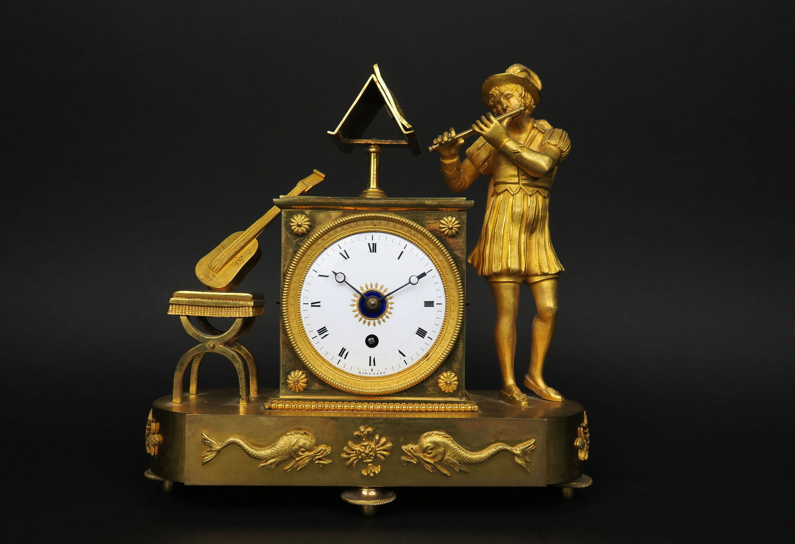 Directoire Gilt Bronze Clock of a Musician, Circa 1800: Directoire Gilt Bronze Clock of a Musician, Cira 1800- H 7-1/4" x W 8" ( 18 cm ? 20cm)