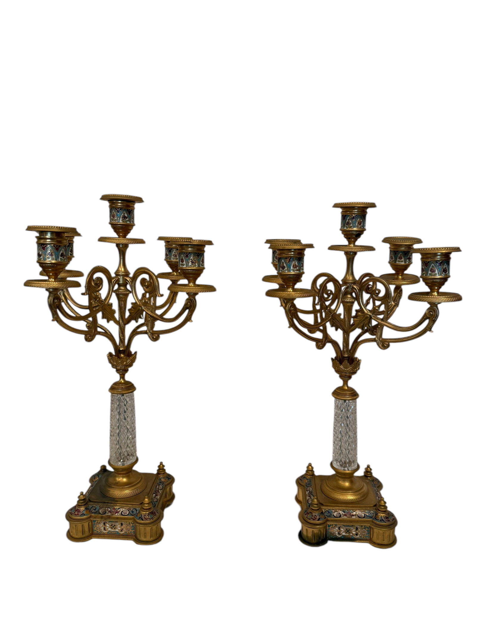 19th Century Bronze, Champleve Enamel & Cut Crystal Candelabras (1 of 3)