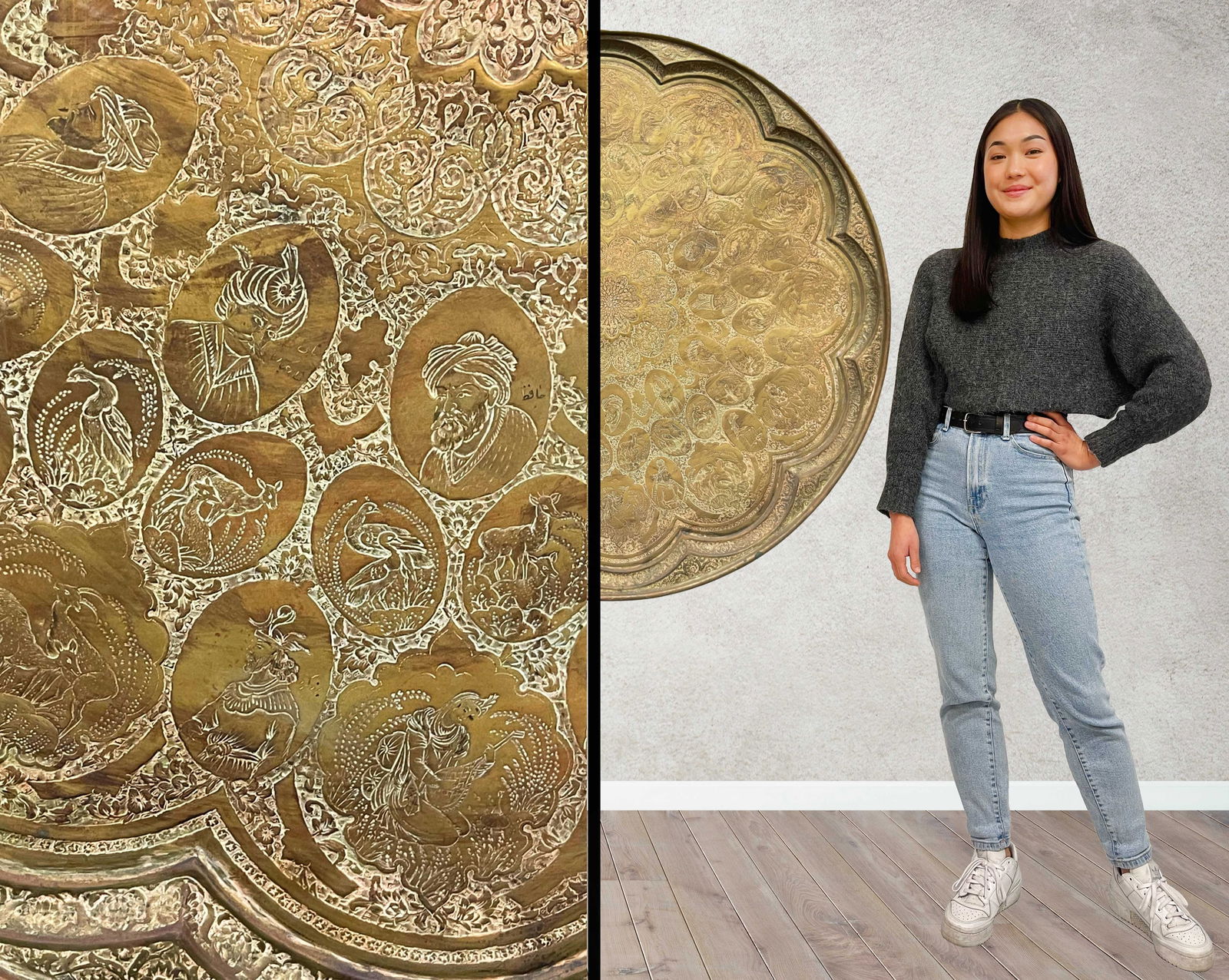 A Monumental Iranian Kajar Dynasty Handmade Hand Hammered Decorative Tray: A Monumental Iranian Kajar Dynasty Handmade Hand Hammered Decorative Tray. Iran Circa 1900s Pre Pahlavi. 37"