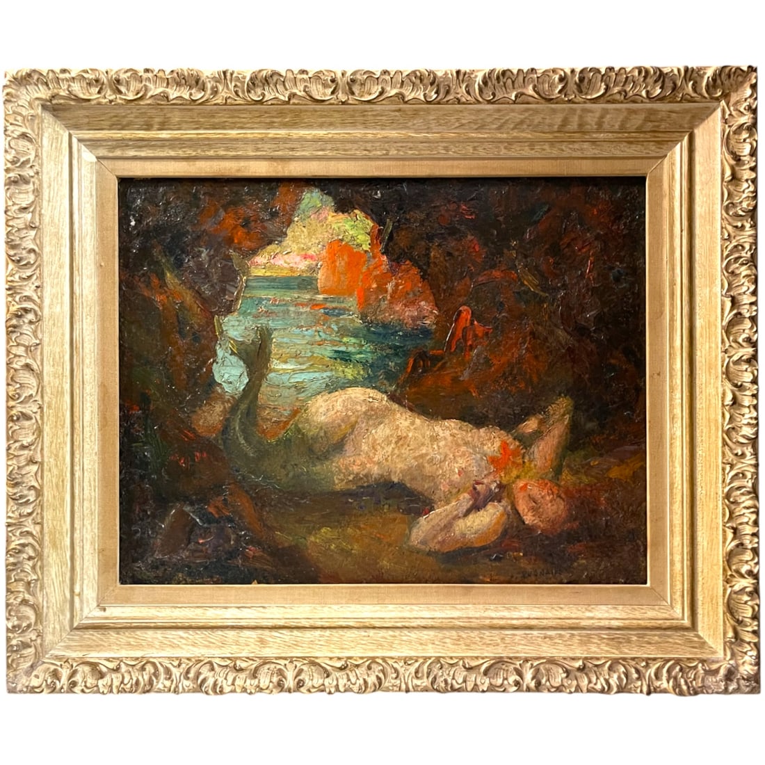 An Oil on Board Painting of a Reclining Mermaid, French Early 20th Century Signed By the Artist: An Oil on Board Painting of a Reclining Mermaid, French Early 20th Century Signed By the Artist.24” x 19-1/2”