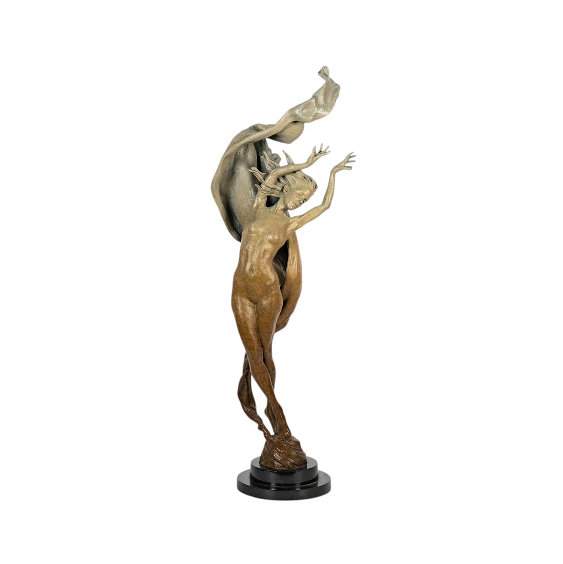 Karl Jensen (20th/21st Century): Creative Fire: Karl Jensen (20th/21st Century)Creative FirePatinated bronze figural sculpture depicting a female form captured in an expressive moment of ascension and release. The elongated body twists gracefully