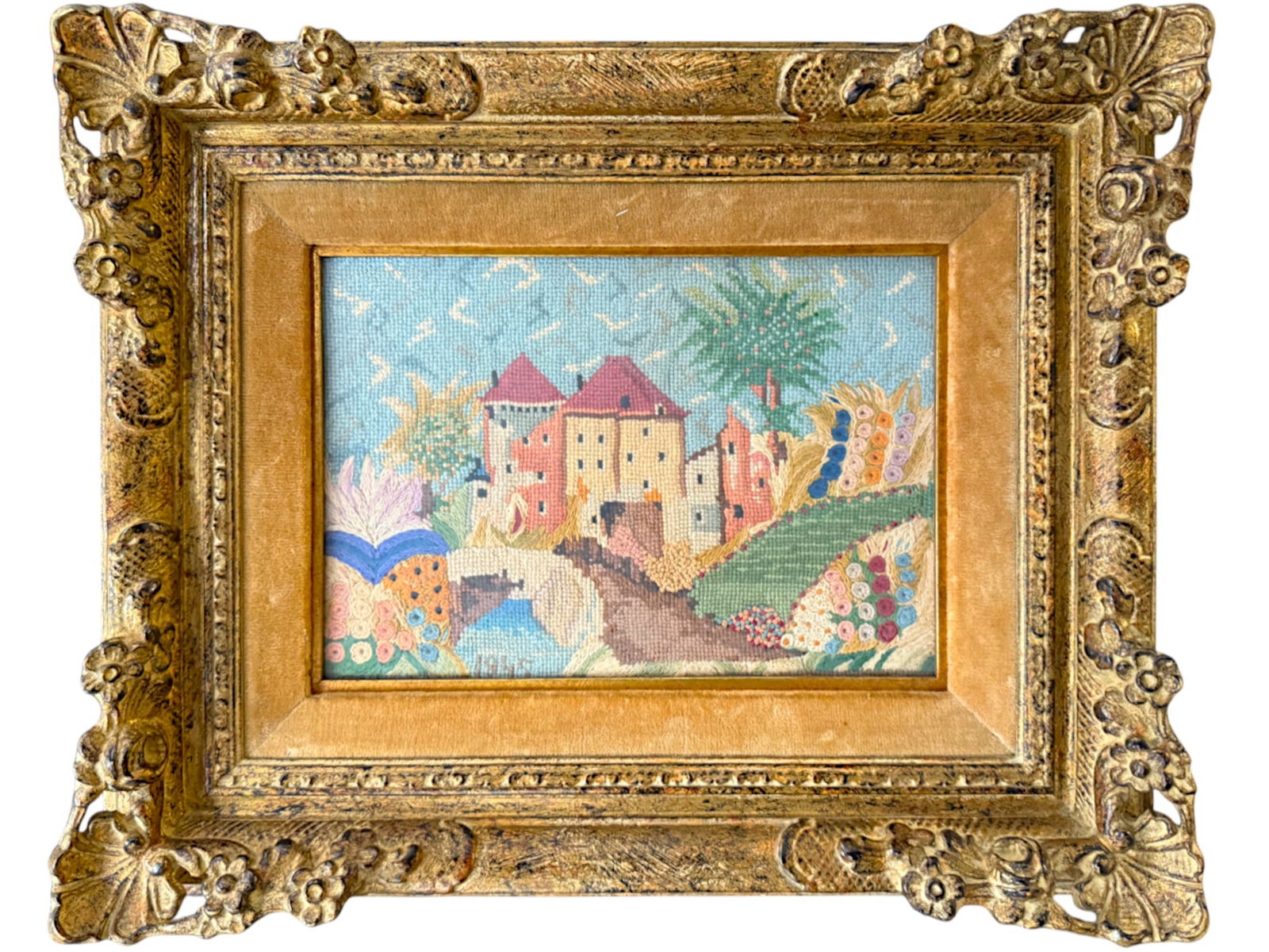 An Antique Knitting Work Landscape View Set in an Ornate Frame (1 of 12)
