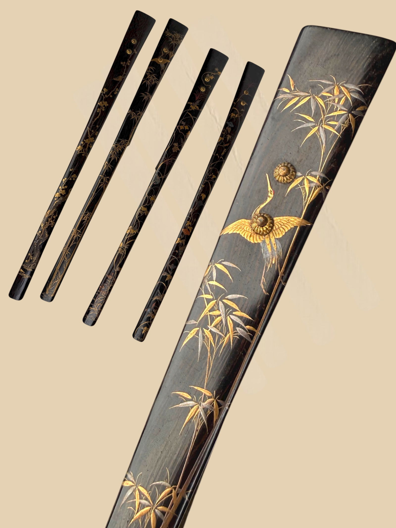 Set Of 4 Japanese Meiji Period Lacquered Hard Wood Scroll Holder: Set Of 4 Japanese Meiji Period Lacquered Hard Wood Scroll Holder. Circa, 1890. 14"X1"X3/4"