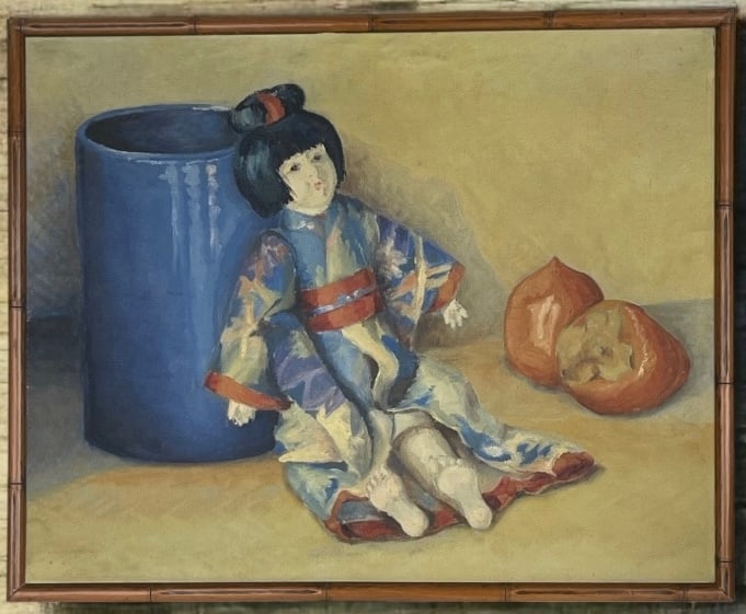 A French Oil On Canvas Japanese Style Painting of A Doll: A French Oil On Canvas Japanese Style Painting of A Doll. 15” x 19”