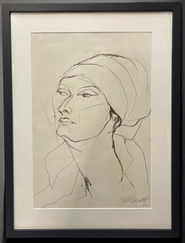 Margaret Badell (American, 1924-2016): Margaret Badell (American, 1924-2016). Portrait of a Woman Ink On Paper. Frame: 22-3/4 x 17"