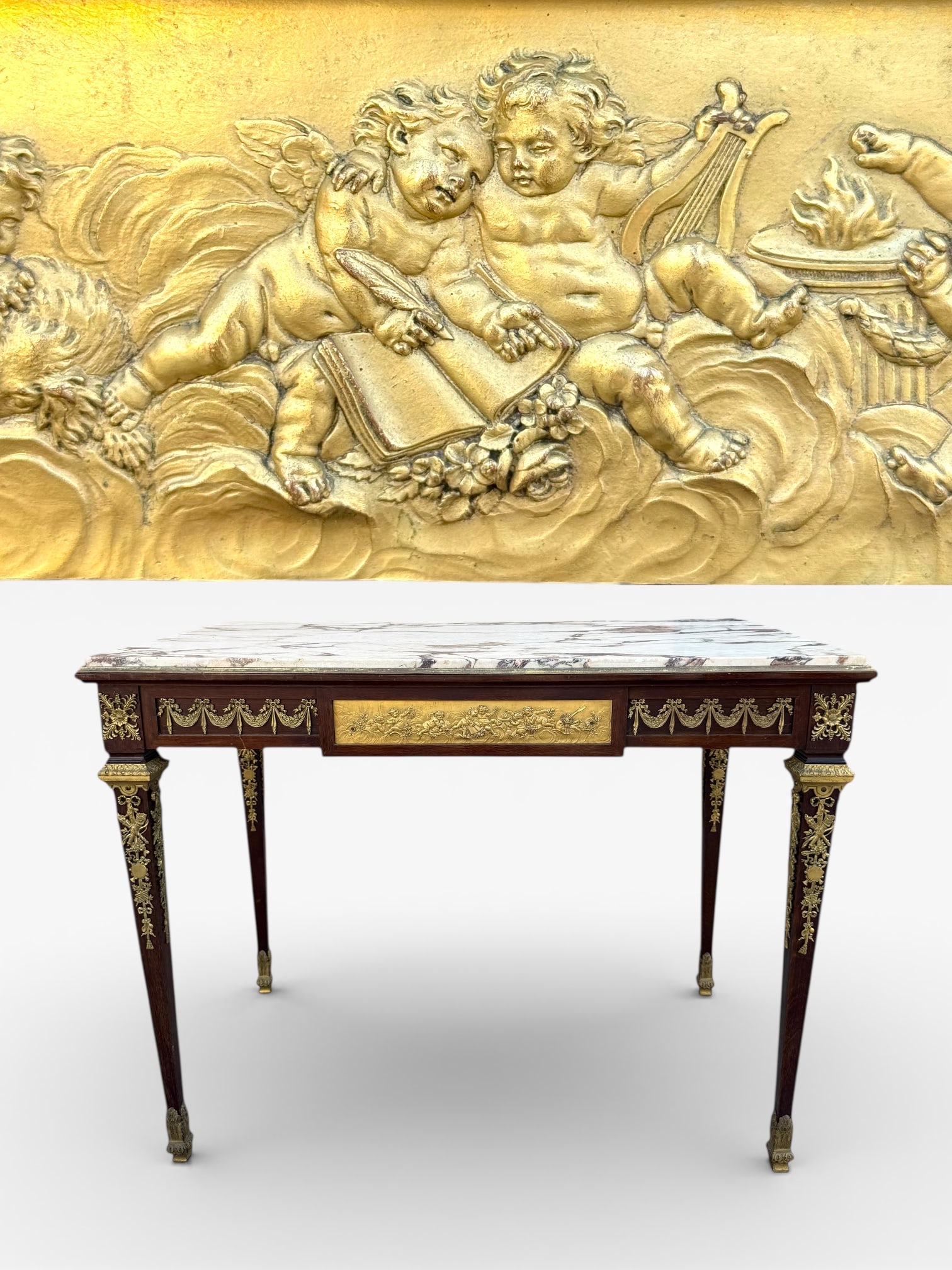 Francois Linke (1855–1946): Francois Linke (1855–1946)A fine Louis XVI style gilt-bronze mounted mahogany center table with marble top, Paris, late 19th/early 20th centuryRectangular Breccia marble top above a frieze finely