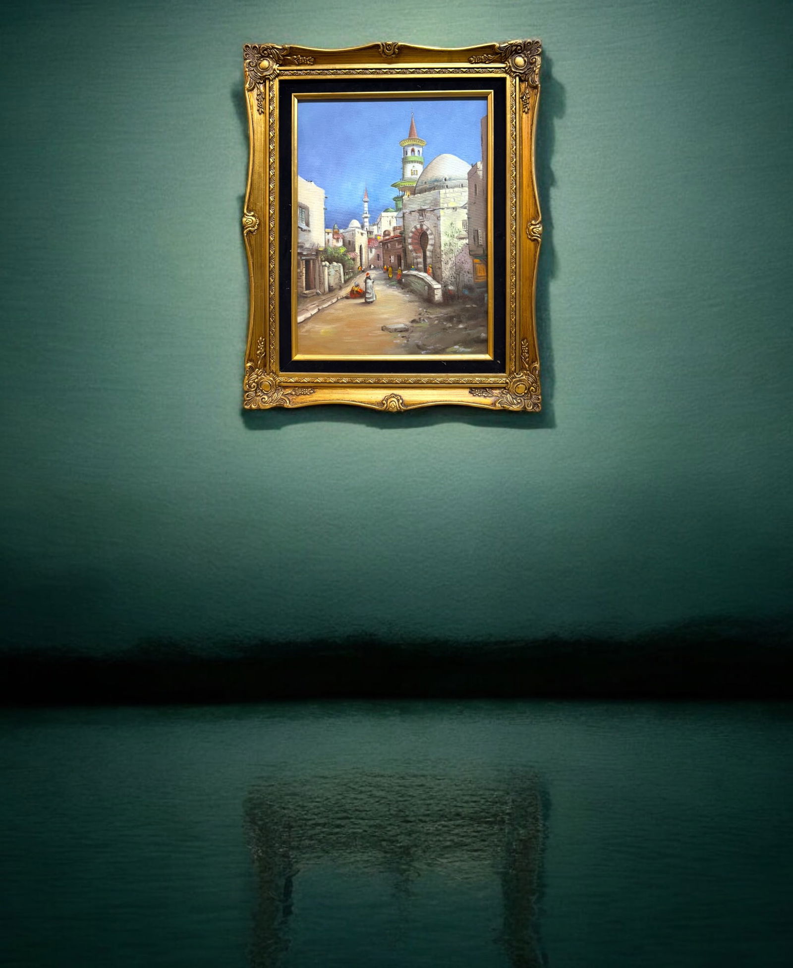 A Middle Eastern Oil On Canvas Painting Of A Neighborhood: A Middle Eastern Oil On Canvas Painting Of A Neighborhood. Frame:21"X17"