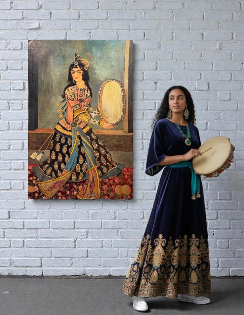 A Palatial Persian Hand Painted Oil On Board Painting: A Large Persian Hand-Painted Oil on Board Paintingdepicting an elegant lady playing a traditional Iranian frame drum (daf), rendered in the manner of Qajar paintings. The figure is shown in richly