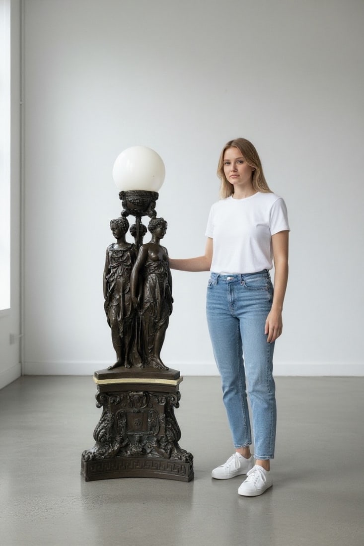 A Palatial French Patinated Bronze Sculpture Of the Three Graces: A Palatial French Patinated Bronze Sculpture Of the Three Graces On triangular bronze pedestal. By Barbedienne Foundry. 65"X22"X22"