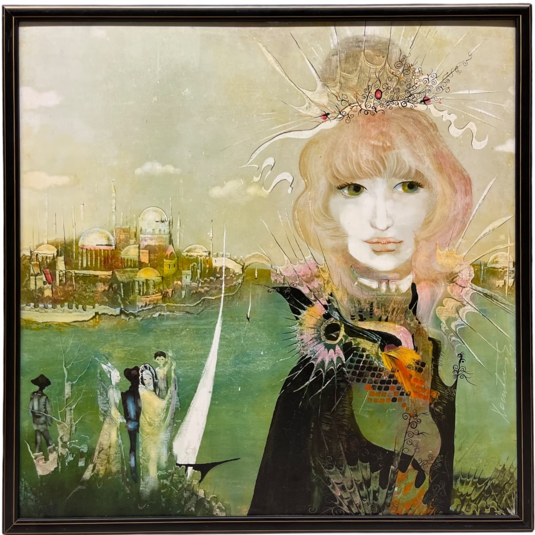 Jules Martin Xanus (Romanian, 20th Century): Jules Martin Xanus (Romanian, 20th Century). An oil on board, a contemporary painting of a young lady and a city view. 25” x 25”