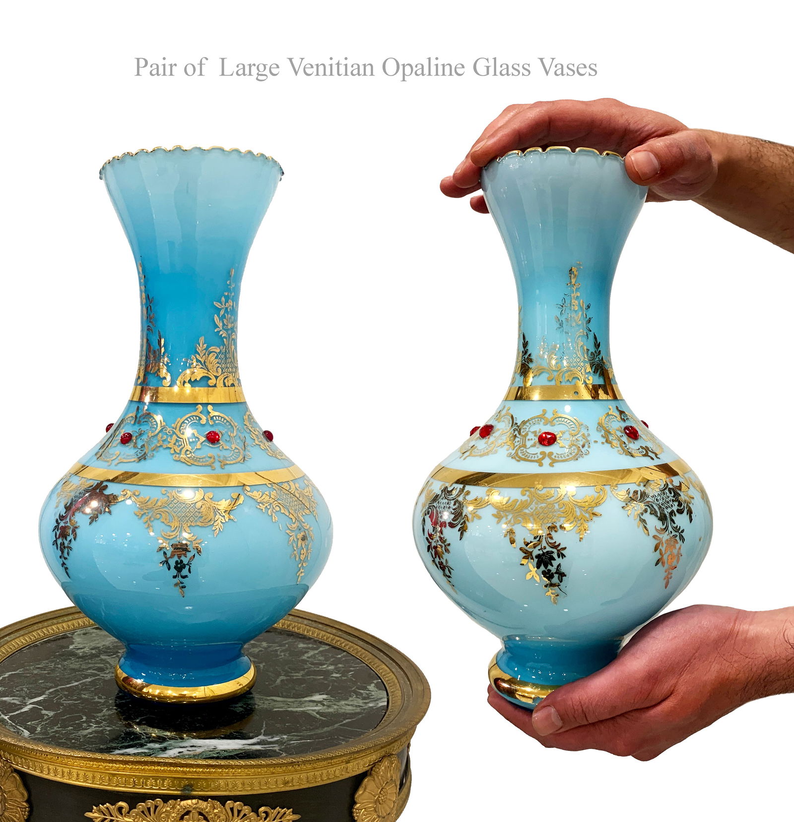 Pair of Large Venitian Opaline Glass Vases: Pair of Large Venitian Opaline Glass Vases. 13"