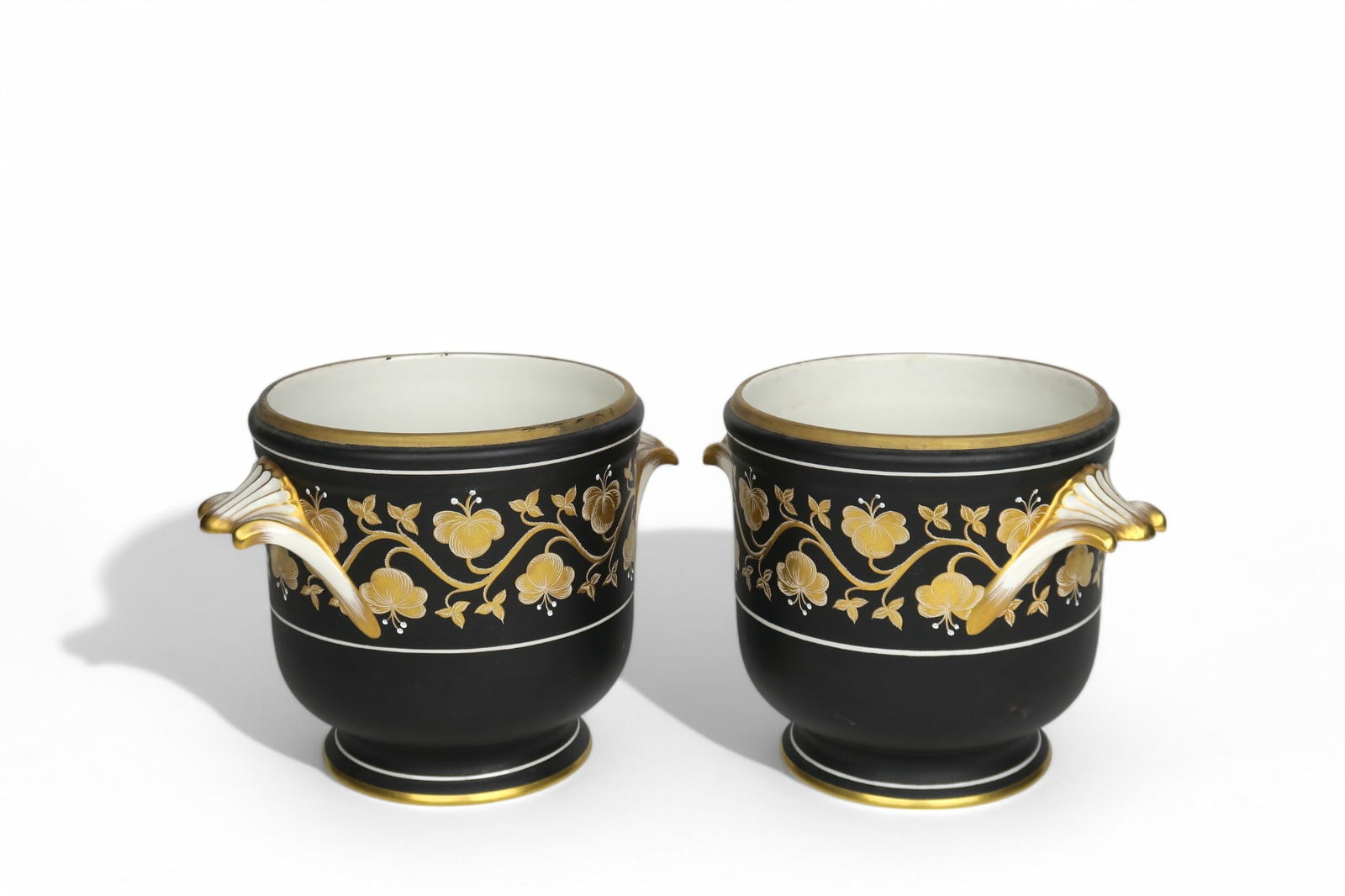Pair Of Sevres Style Porcelain Black Ground Hand Painted Flower Vases: Pair Of Sevres Style Porcelain Black Ground Hand Painted Flower Vases. France, Late 19th / Early 20th Century. 9-3/4"x7"