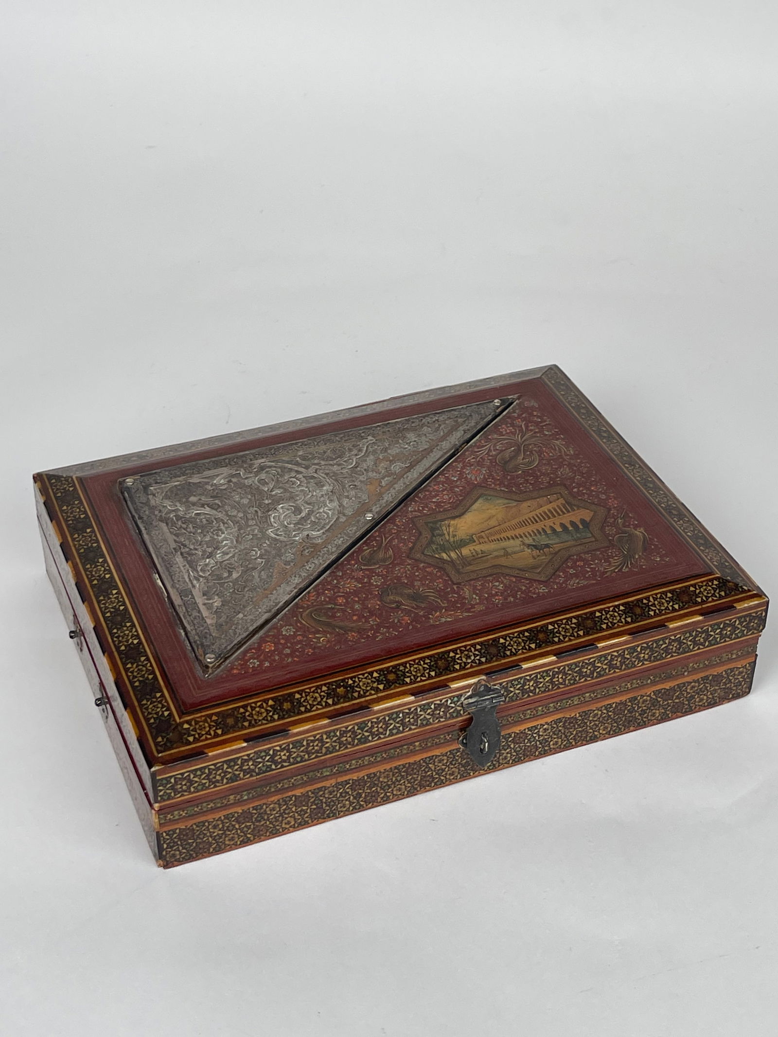 A Fine Persian Hand Painted, Khatam Kari Mounted Silver Jewelry Box (1 of 10)