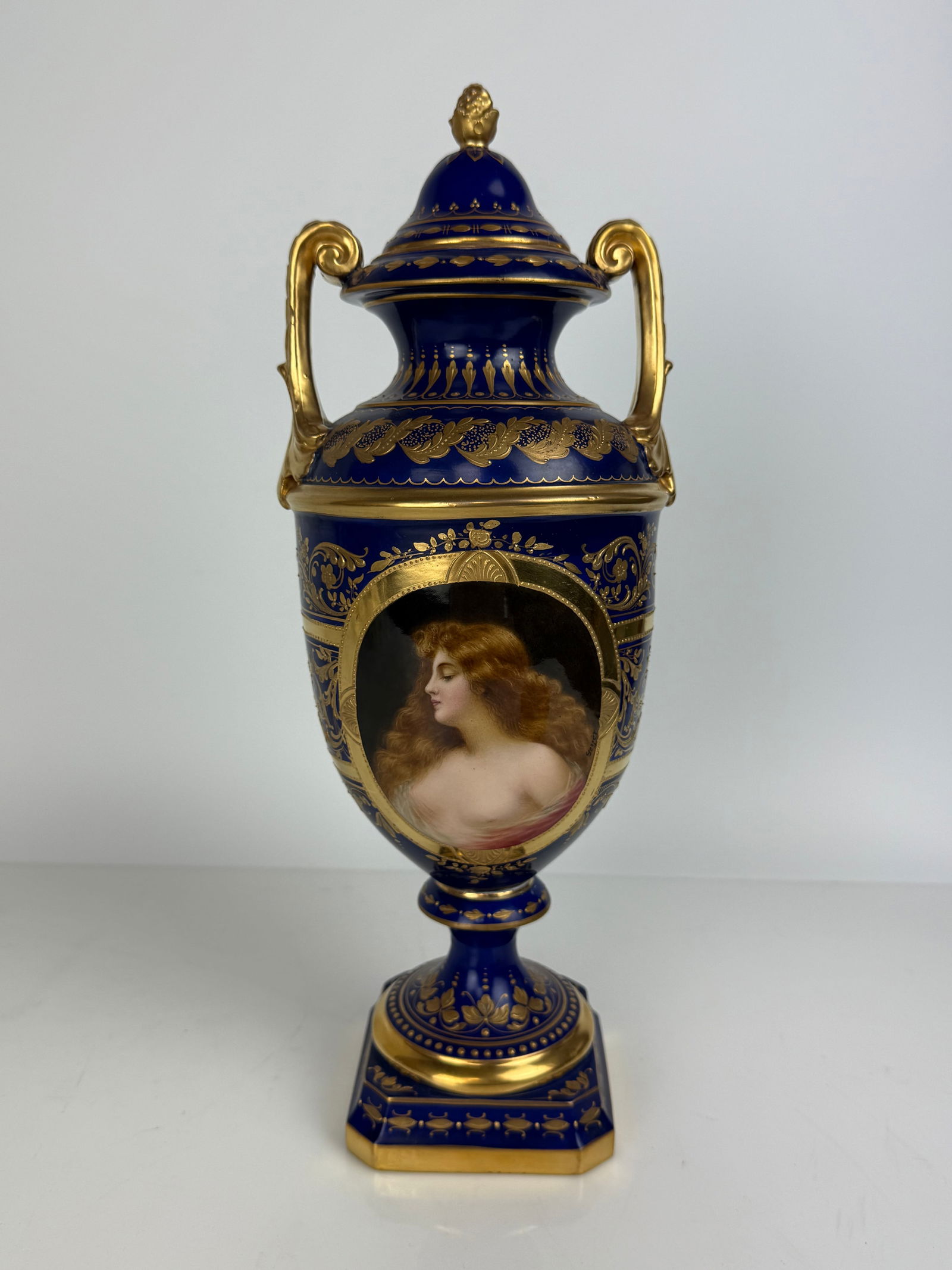 19th Century Royal Vienna Style Hand Painted Porcelain Vase: 19th Century Royal Vienna Style Hand Painted Porcelain Vase. 13-1/2”