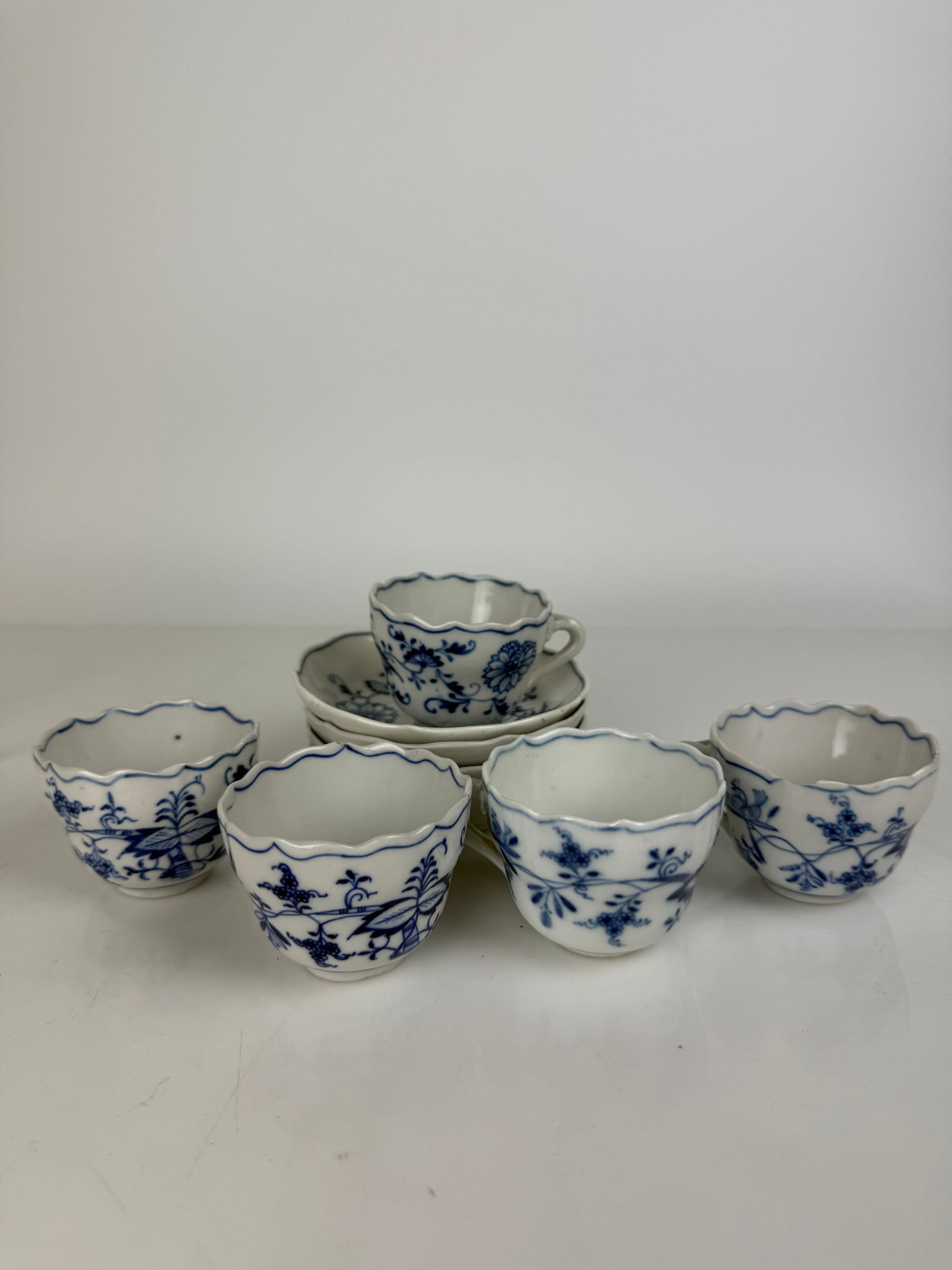 19th Century Meissen Porcelain Hand Painted Blue & White Cup & Saucer: 19th Century Meissen Porcelain Hand Painted Blue & White Cup & Saucer. 4” x 2”