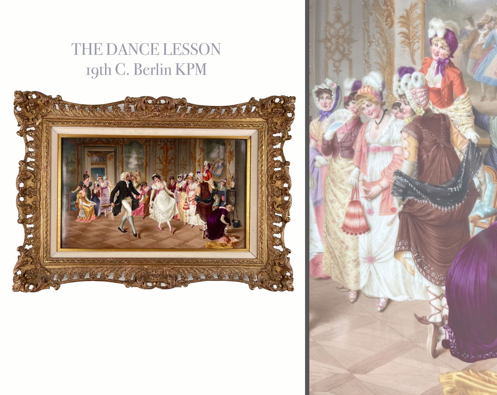 A BERLIN (K.P.M.) PORCELAIN RECTANGULAR PLAQUE OF THE DANCE LESSON: A BERLIN (K.P.M.) PORCELAIN RECTANGULAR PLAQUE OF THE DANCE LESSON. Late 19th century, impressed monogram and sceptre marks.Finely painted with a ballroom interior scene depicting a fiddler and a youn