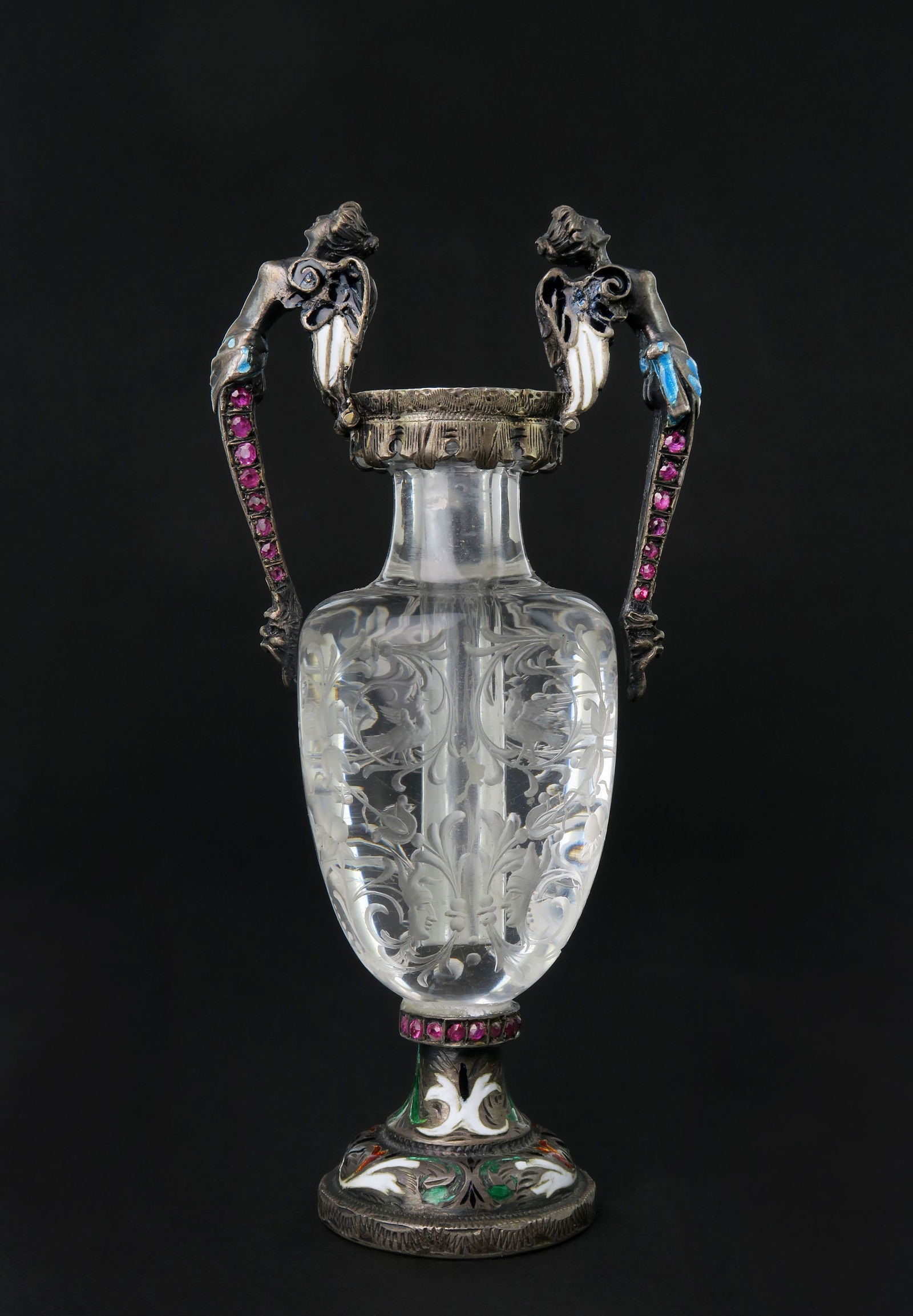 A Carved Rock Crystal, Enameled Silver Gem Set Miniature Vase, Austria, 1880 (1 of 9)