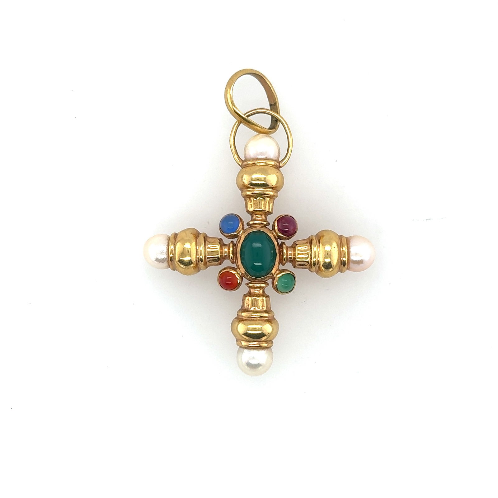 Girovi Ronco 18K Yellow Gold, Pearl, Ruby, Agate, Jade & Sapphire Pendant: Girovi Ronco 18K Yellow Gold, Pearl, Ruby, Agate, Jade & Sapphire Pendant. Total Weight: 17.6grams. H: 2-1/2" Made In Italy. Stamped: Girovi, 750.
