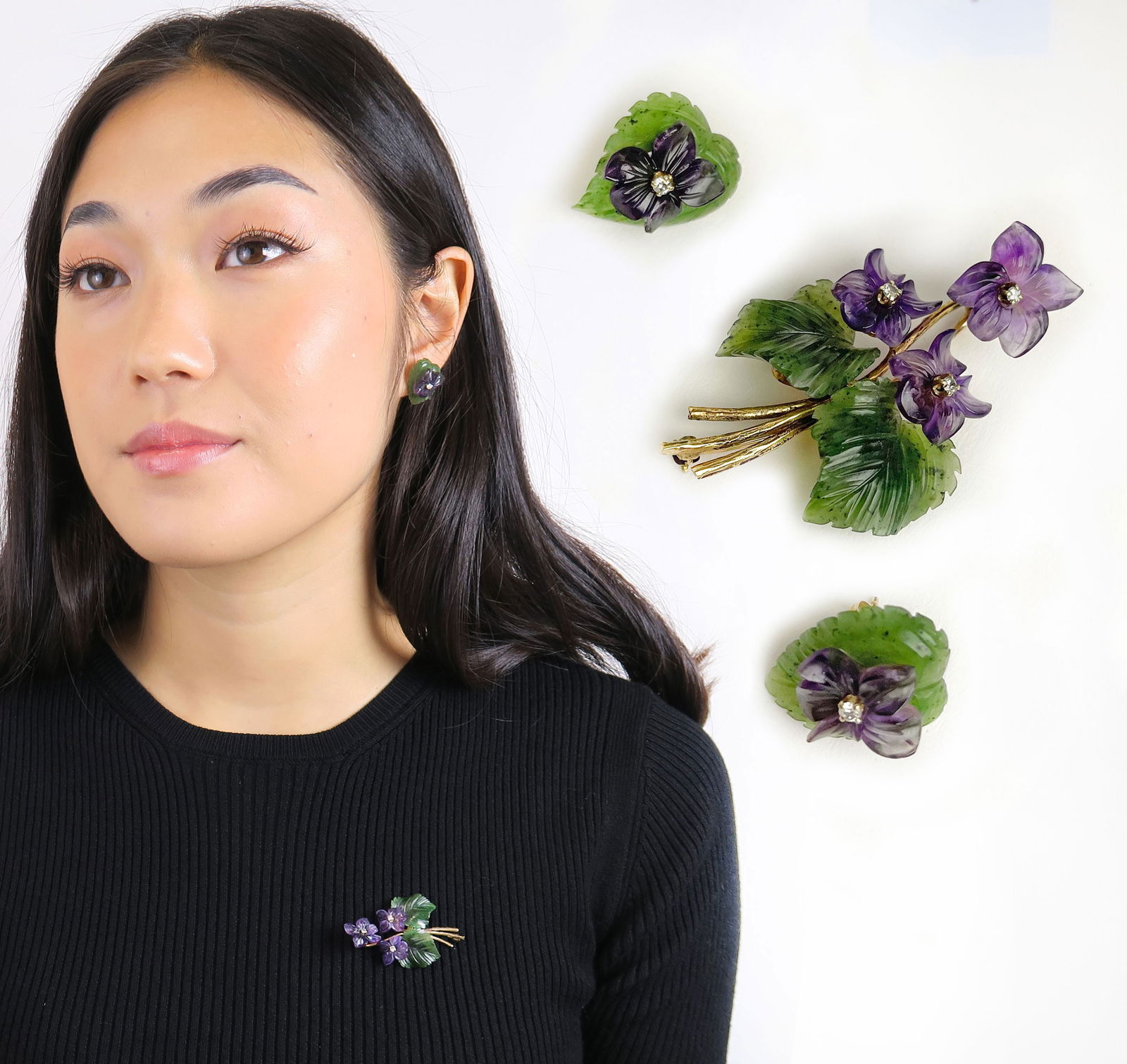 Set Of 14K Gold, Nephrite & Amethyst Earrings & Brooch: Set Of 14K Gold, Nephrite, Amethyst & Diamond Earrings & Brooch. The earrings and brooch beautifully carved out of Nephrite & Amethyst in the form of flowers and mounted on 14k gold. total weight: