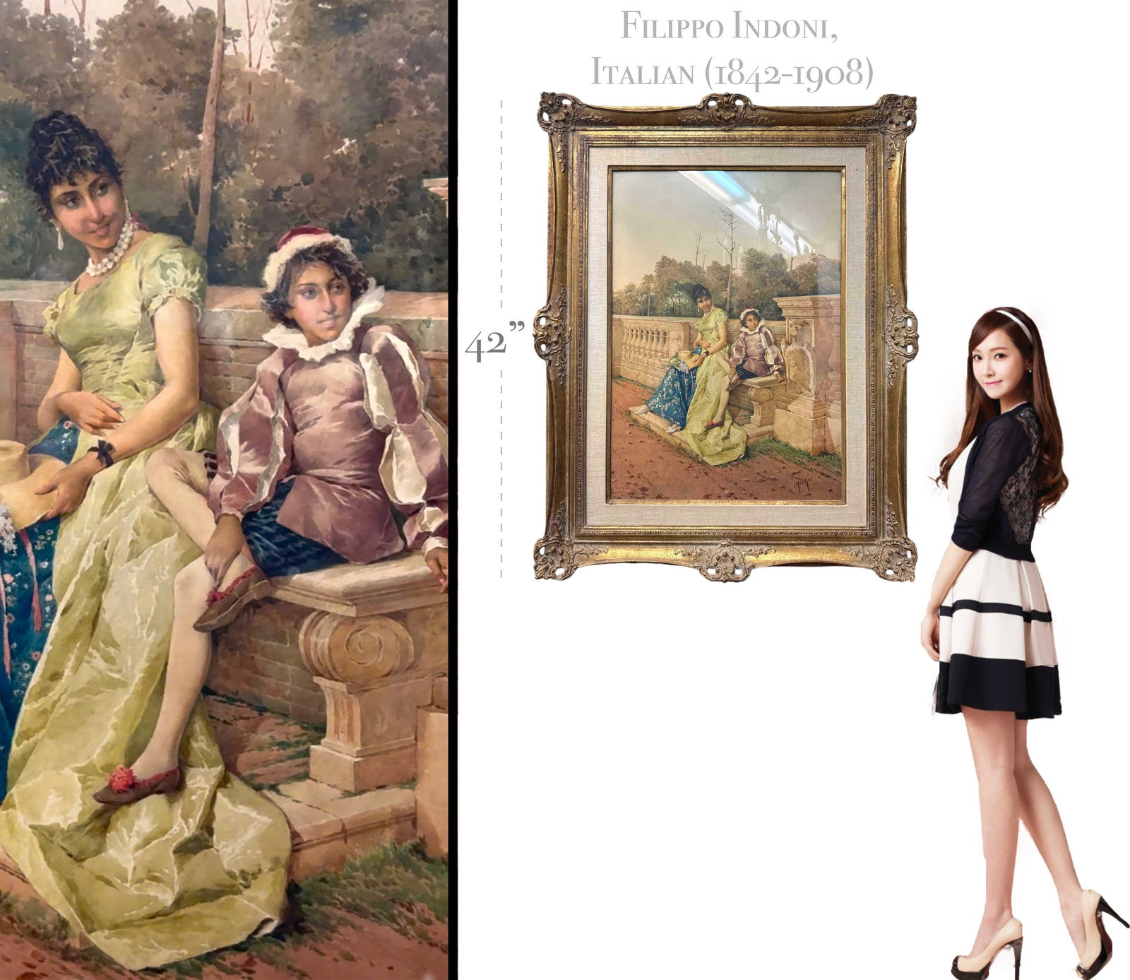 Filippo Indoni, Italian (1842-1908): Filippo Indoni, Italian (1842-1908). A Very Large Watercolor On Paper Set In An Ornate Frame. Singed By the Artist. A young woman and a child rest on a stone bench, bathed in soft natural light, their