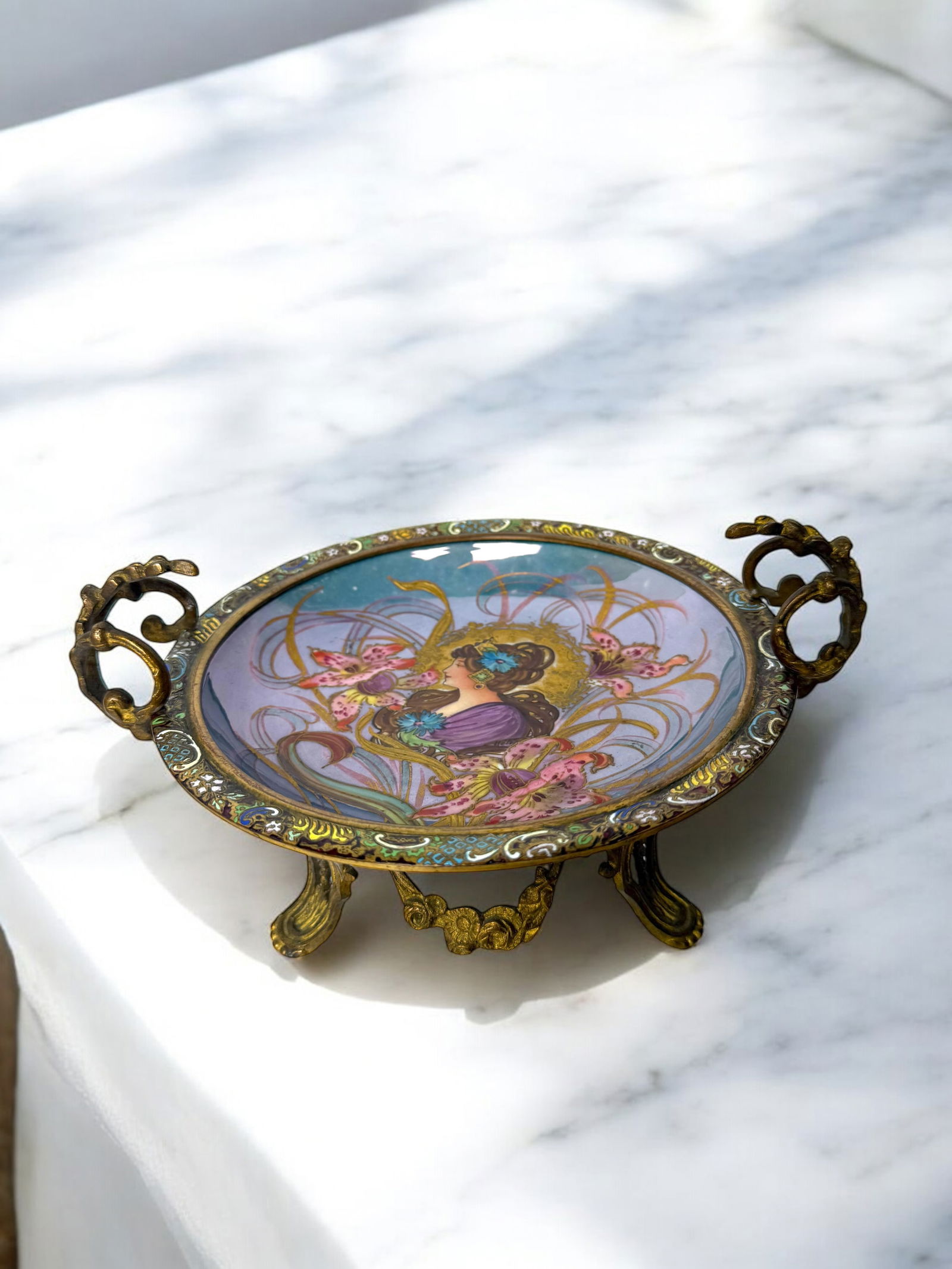 Art Nouveau Sevres Porcelain & Champlevé Enamel Centerpiece: Art Nouveau Sevres Porcelain & Champlevé Enamel Centerpiece. 10” x 5-1/2”