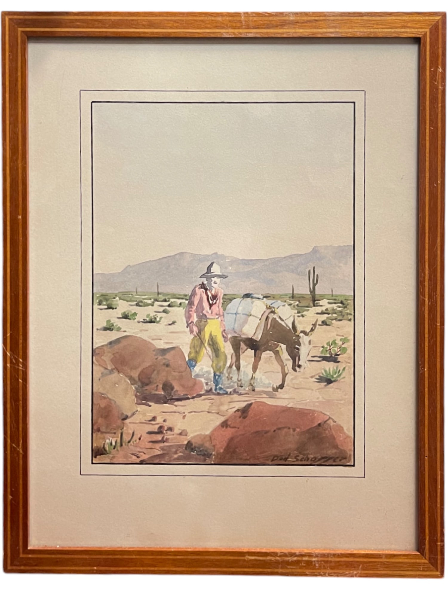 DON SCHAFFER (American, 1904-1986): DON SCHAFFER (American, 1904-1986). Watercolor on paper painting of a man with a donkey. 13-1/2" x 10-1/2"