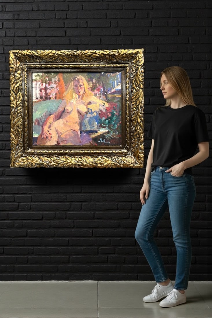 A Modern Oil On Board Painting Of A Reclining Lady: A Modern Oil On Board Painting Of A Reclining Lady Set In An Ornate Frame. 36"X31"