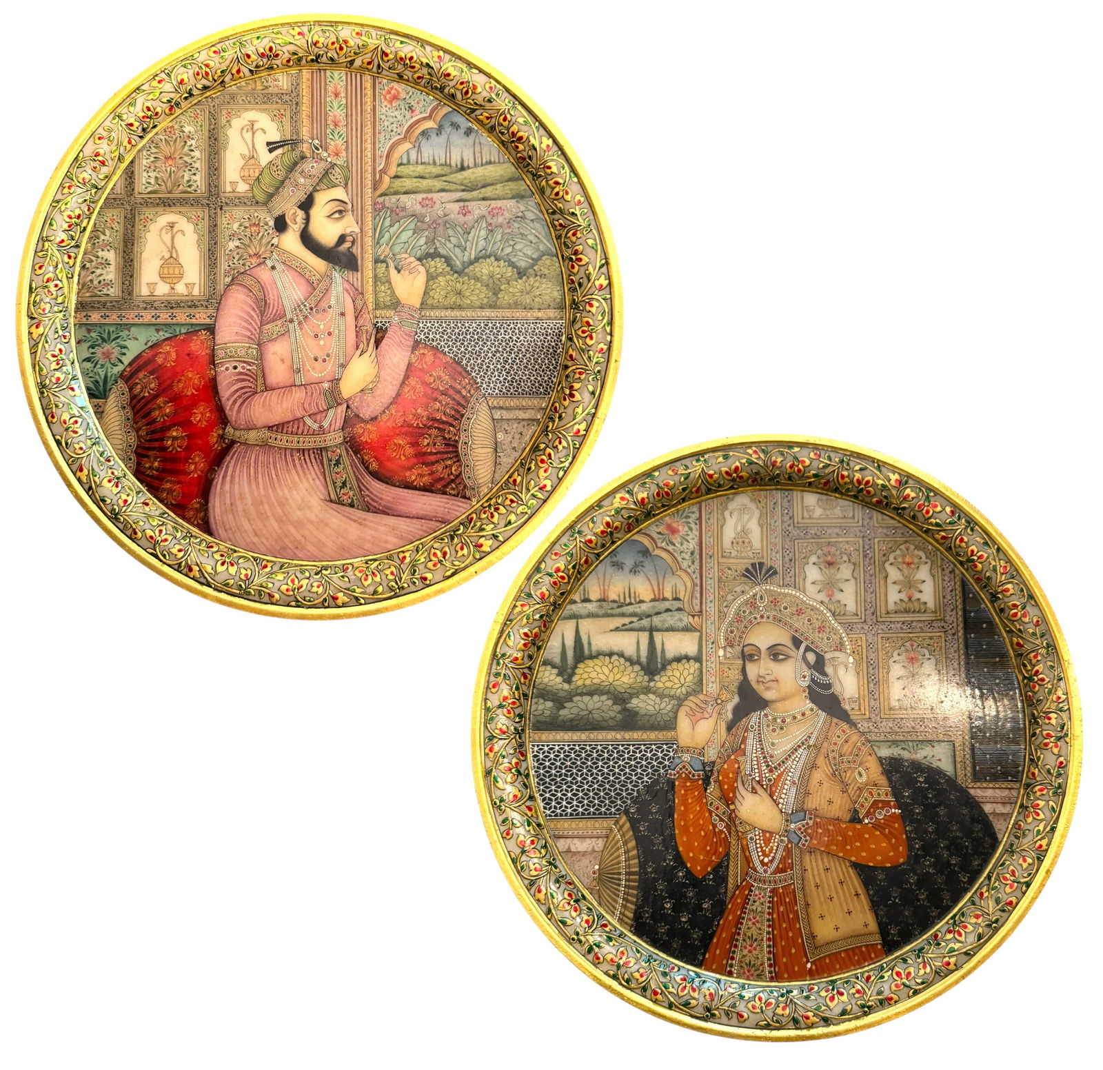 pair of 19th Century Indian Oil On Marble Painting Of Shah Jahan & Mumtaz Mahal: pair of 19th Century Indian Oil On Marble Painting Of Shah Jahan & Mumtaz Mahal