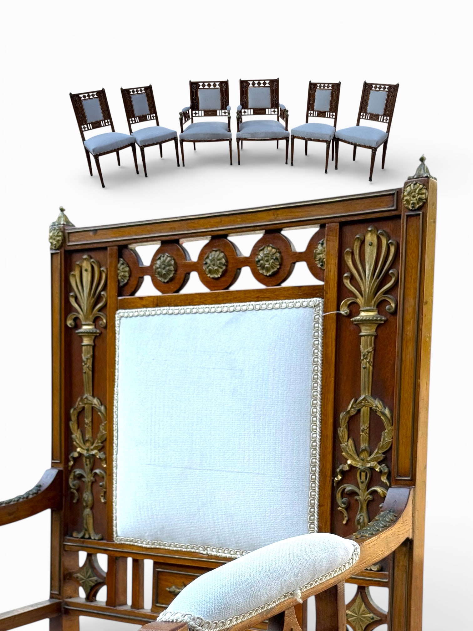 A Set Of 6 Ormolu Mounted Mahogany Chairs By Francois Linke: A Set Of 6 Gilt Bronze Mounted Mahogany Chairs By Francois Linke. Empire Style, France, Circa 1890.