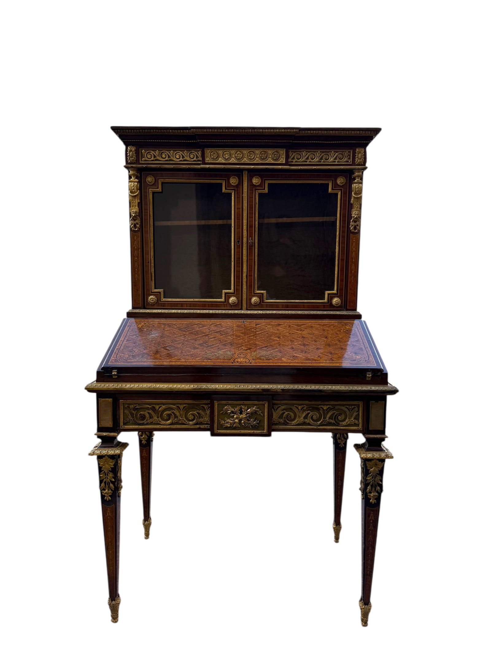 Roux-Dure et Chérier: Roux-Dure et Chérier.A fine Louis XVI style gilt-bronze mounted marquetry secretaire e abattant with upper vitrine, Paris, circa 1880–1900.The rectangular vitrine with glazed doors above a