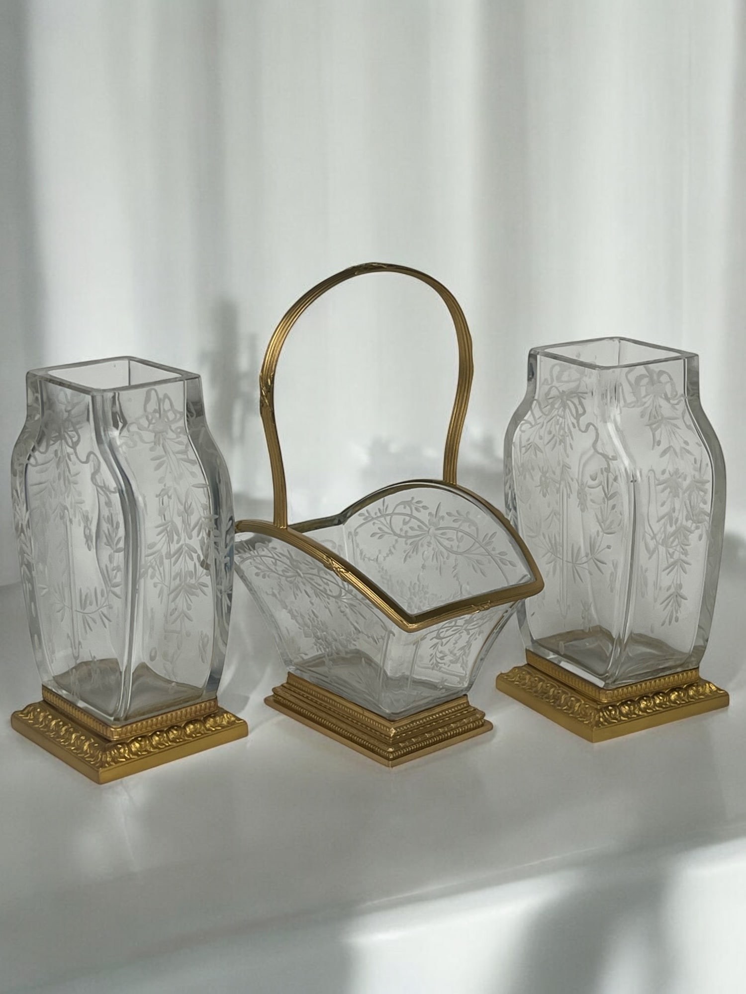 19th Century Baccarat Hand Carved Ormolu Mounted Garniture Set: 19th Century Baccarat Hand Carved Ormolu Mounted Garniture Set. 8” x 6-1/2”