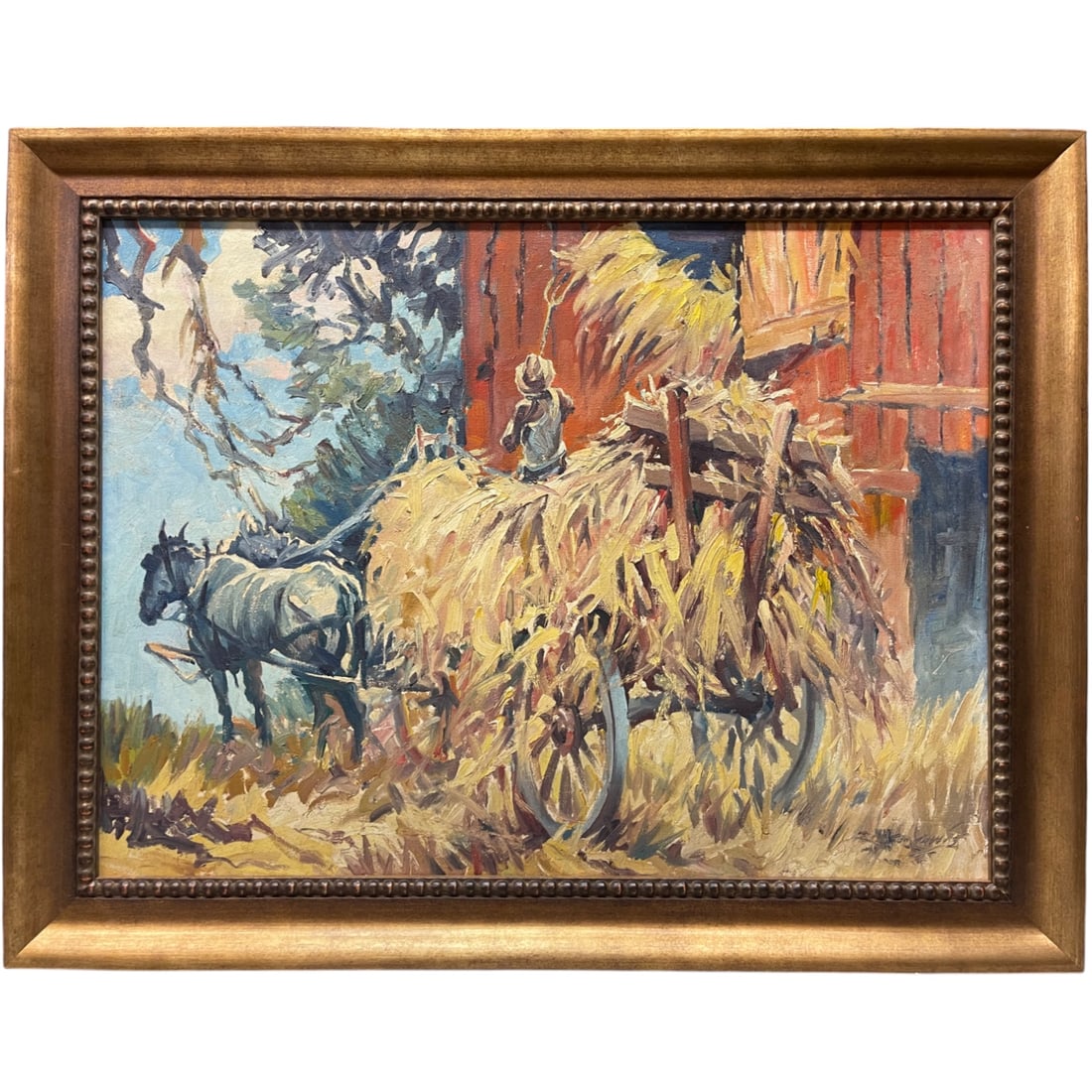 A Palatial Oil on Board Painting of a Framer Riding a Carriage (1 of 19)