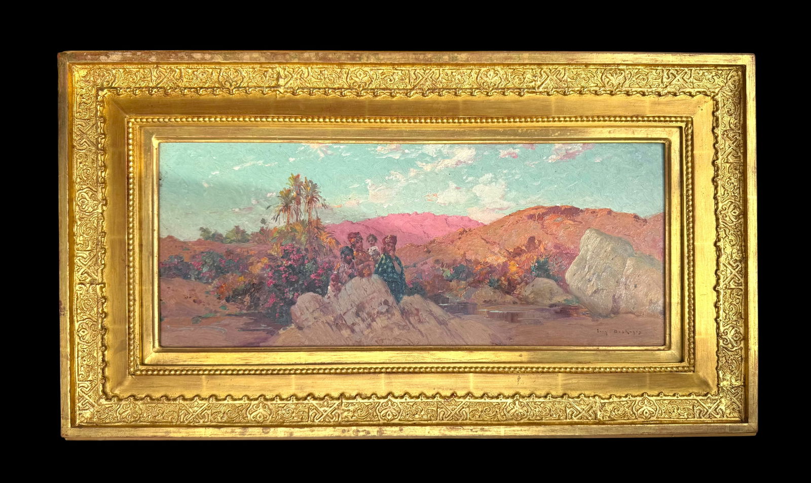Eugene Deshayes (French, 1828-1890): Eugene Deshayes (French, 1828-1890). An Orientalist Oil On Board Painting Depicting Of A Group Of Women In the desert. Signed Eueg Deshayes. France, Circa 1860-70