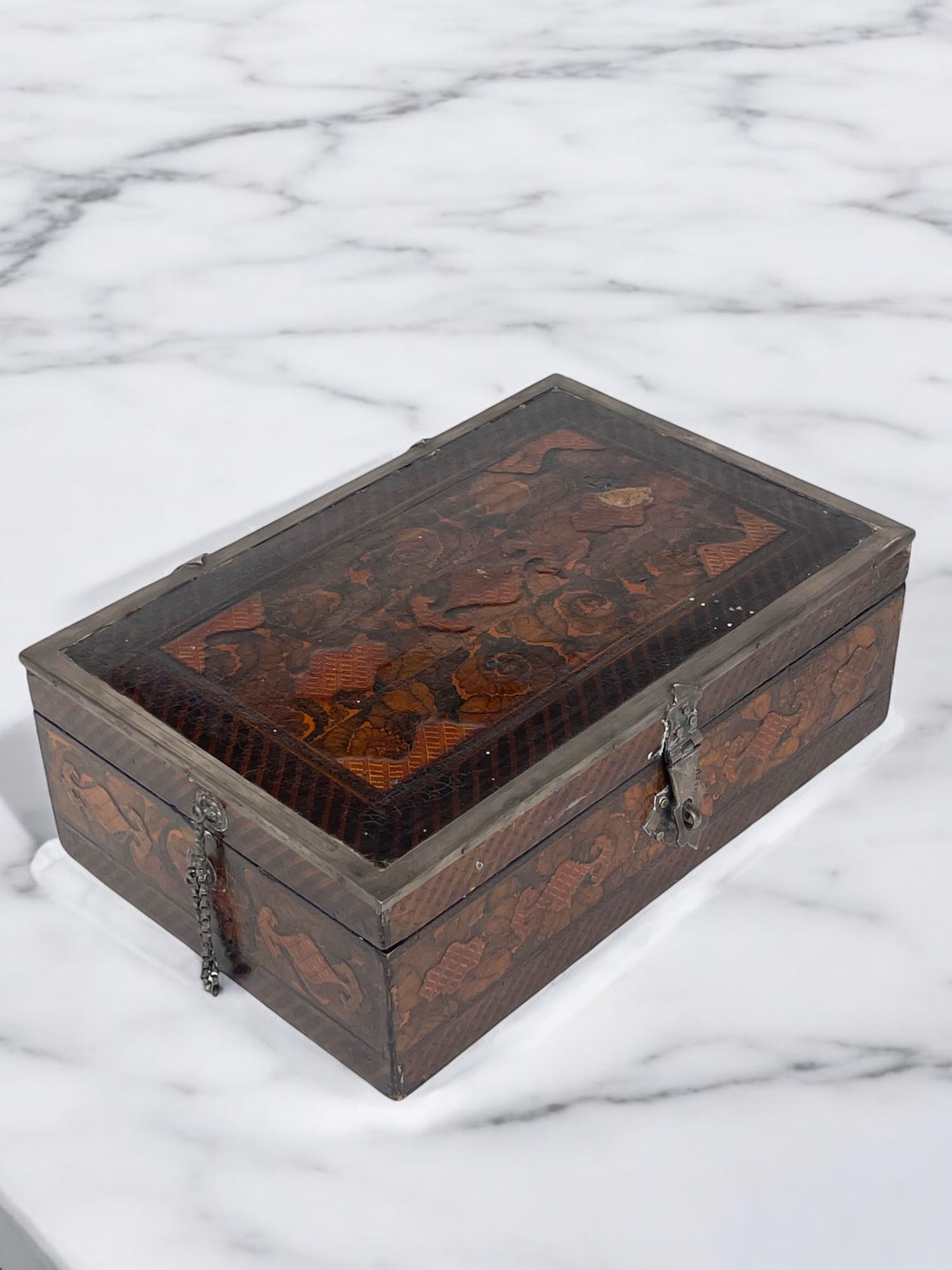 19th Century Persian Qajar Silver Mounted Hand Painted Box: 19th Century Persian Qajar Silver Mounted Hand Painted Box. H:5" W:12" D:8"