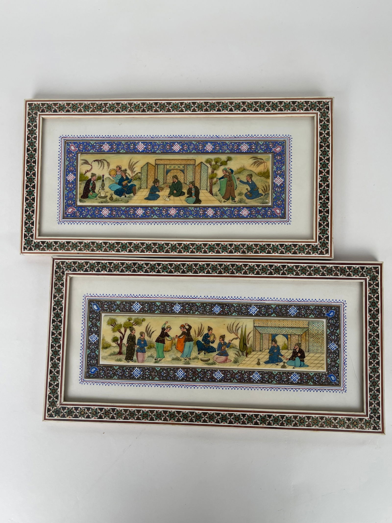 Pair Of Persian Hand Painted Bone & Khatam Kari Painting: Pair Of Persian Hand Painted Bone & Khatam Kari Painting. 6-1/4” x 12-1/2”