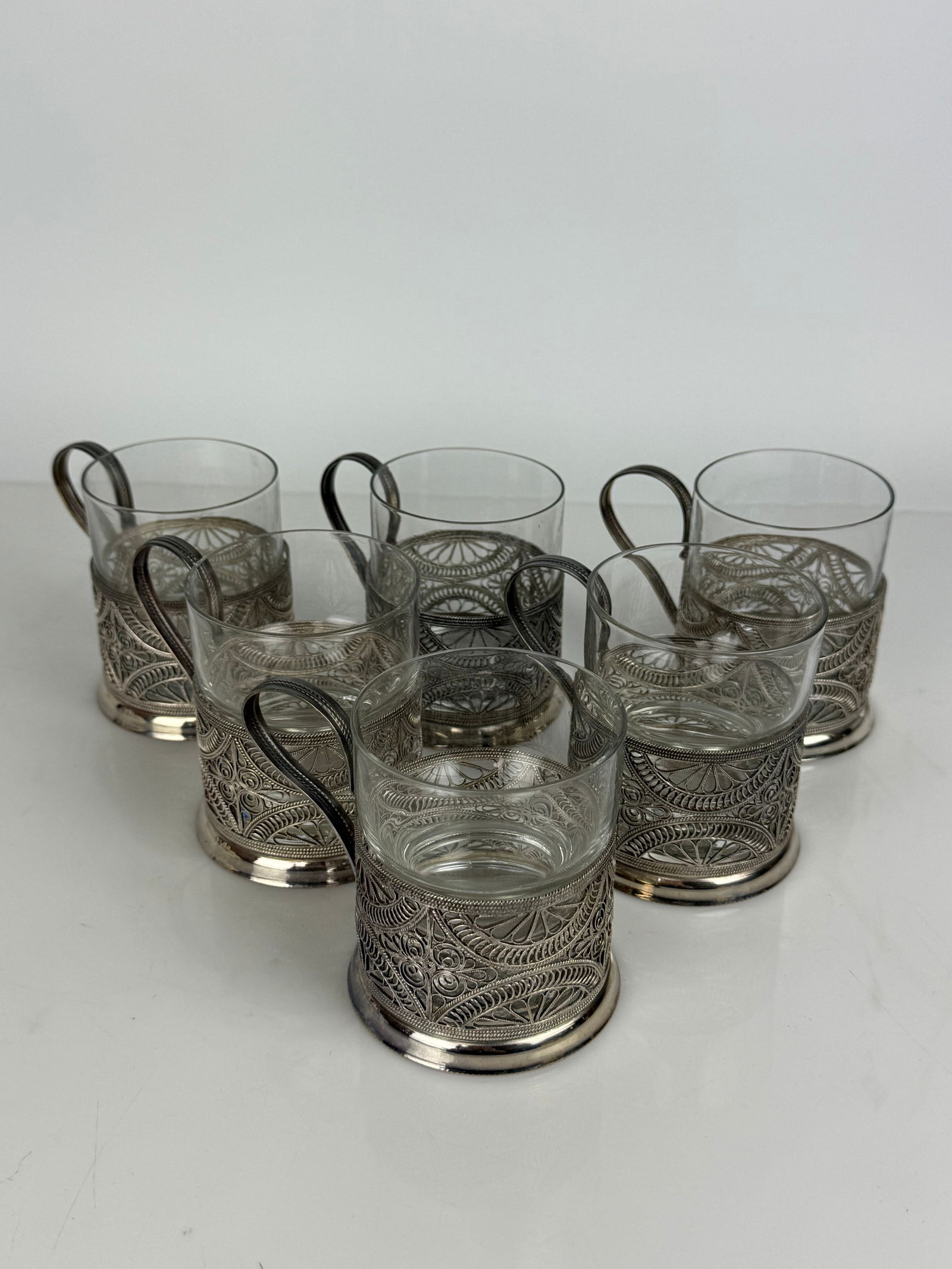 Set of 6 Silver Filigree Work Tea Cups: Set of 6 Silver Filigree Work Tea Cups. H:3-1/2”