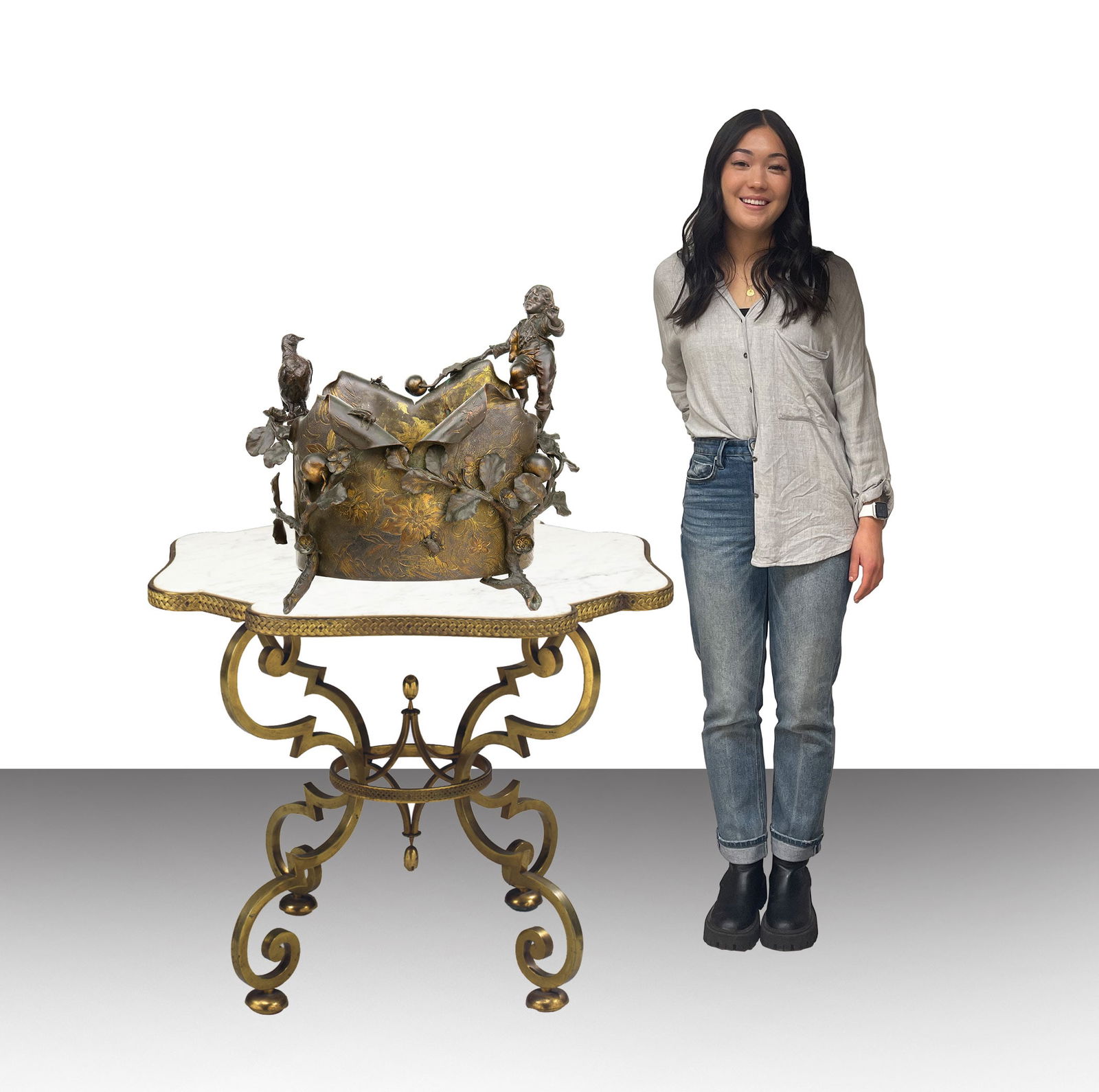 Gilt & Patinated Bronze Figural Jardiniere, Austria, 19th Century: A gilt & patinated bronze figural jardiniere, Austria, 19th Century. The body of the jardiniere is uniquely designed with rich workmanship of repousse technique supported by three peach branches. On