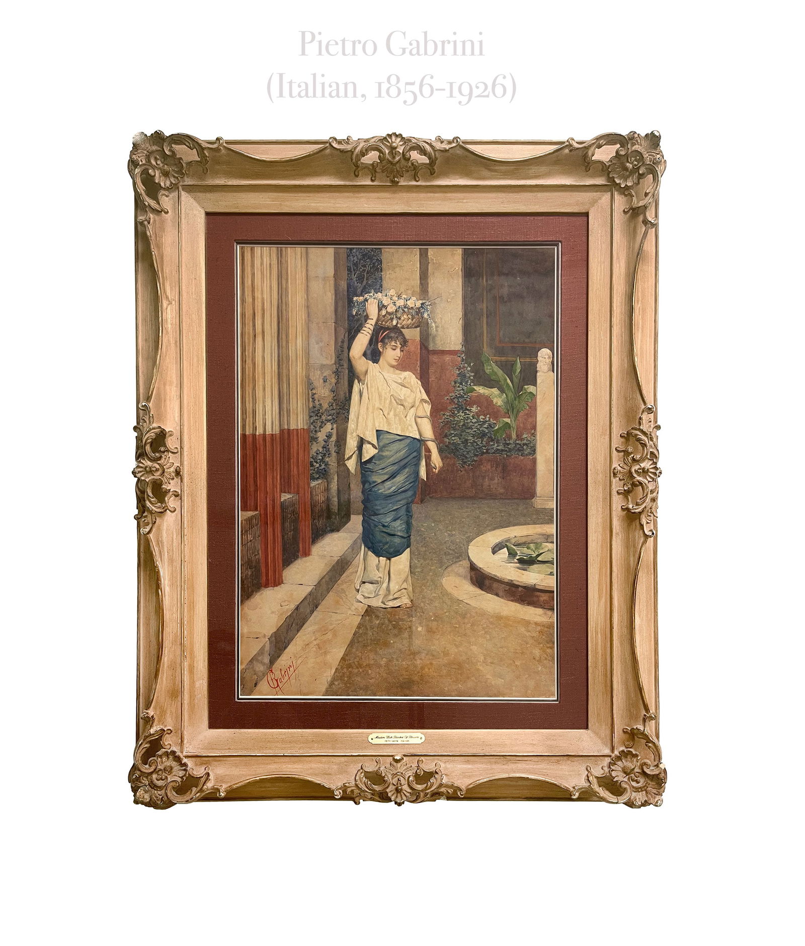 Late 19th Century Watercolor Painting of a Flower Gatherer by Pietro Gabrini: Pietro Gabrini (Italian, 1856-1926) Flower gatherer Signed 'PGabrini' (lower left) Watercolor over traces of pencil on paper Measures: 27 3/4 x 19 1/2in (70.5 x 49.5cm) (sight) 40" x 32" (Frame).