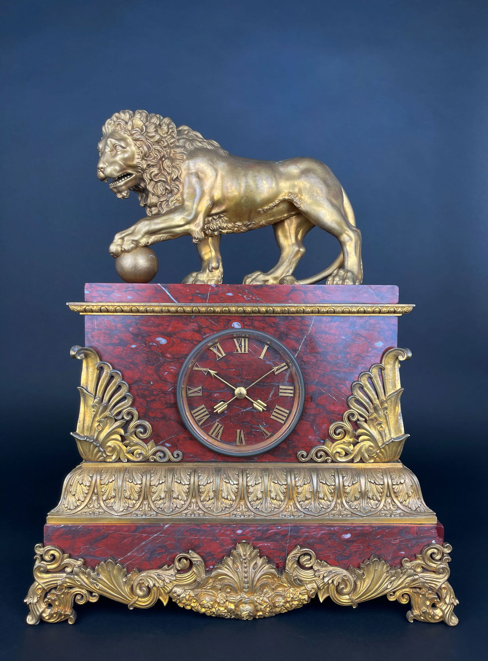 A Large Size Gilt Bronze & Rouge Marble Clock, France, 19th Century: "A Large Size Gilt Bronze & Rouge Marble Clock, France, 19th Century" A Large Size Gilt Bronze & Rouge Marble Clock, France, 19th Century. H: 24"L: 19" D: 7-1/2" ______________________________________