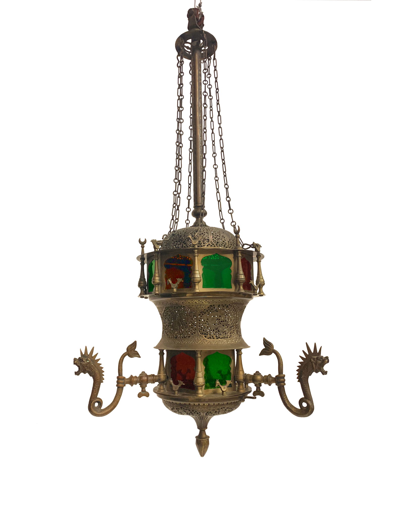 19th C. Moroccan Brass/Colored Glass Figural Chandelier: 19th C. Moroccan Brass and Colored Glass Figural Chandelier. 36" x 15"