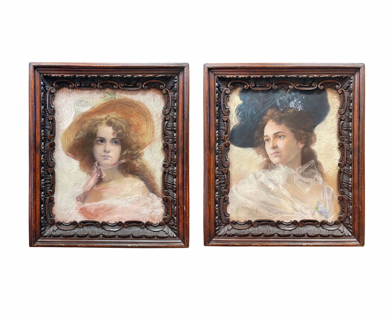 A Pair of 19th C. French Pastel & Carved Wood Frames: A Pair of 19th C. French Pastel Portrait of Beautiful Young Women With Carved Wood Frames. Frame: 30" x 25", Sight: 23" x 19"