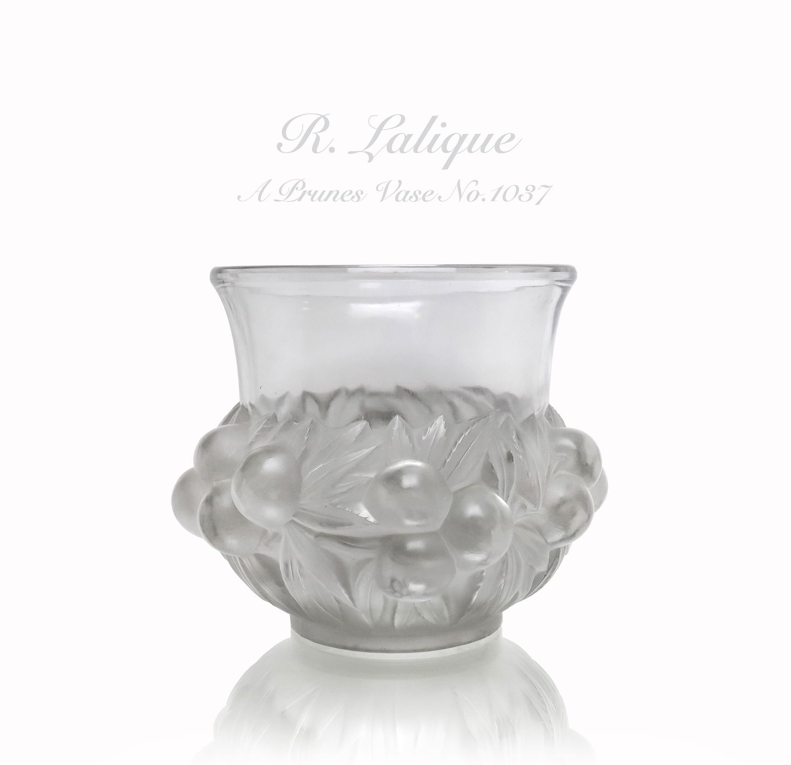 Rene Lalique Prunes Crystal Vase, C. 1930: Rene Lalique, Prunes Vase, C. 1930, French Clear and frosted glass featuring plums and foliage in high relief. "R. LALIQUE, FRANCE" marked on base. H 7 x D 8"
